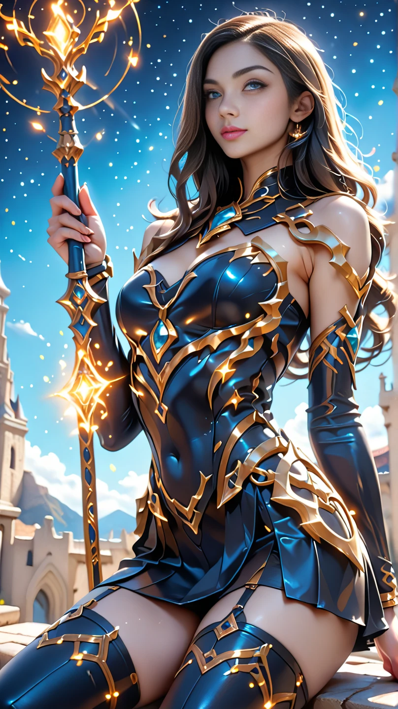Solo, Score_9, score_8_up, score_7_up, mature woman, athletic hourglass figure, slightly toned, strong legs, long curly dark hair, pink lipstick, eye shadow, wearing metal shoulder armor, fur shoulder cape, fur gloves with leather, chest wrap, exposed abs, fur waist wrap, bow and arrow on back, posed in front of elegant flower garden , magic runic tattoos with blue glow on abs and upper chest, modest bust, visible arms, portrait image, facing user, smile, loving.