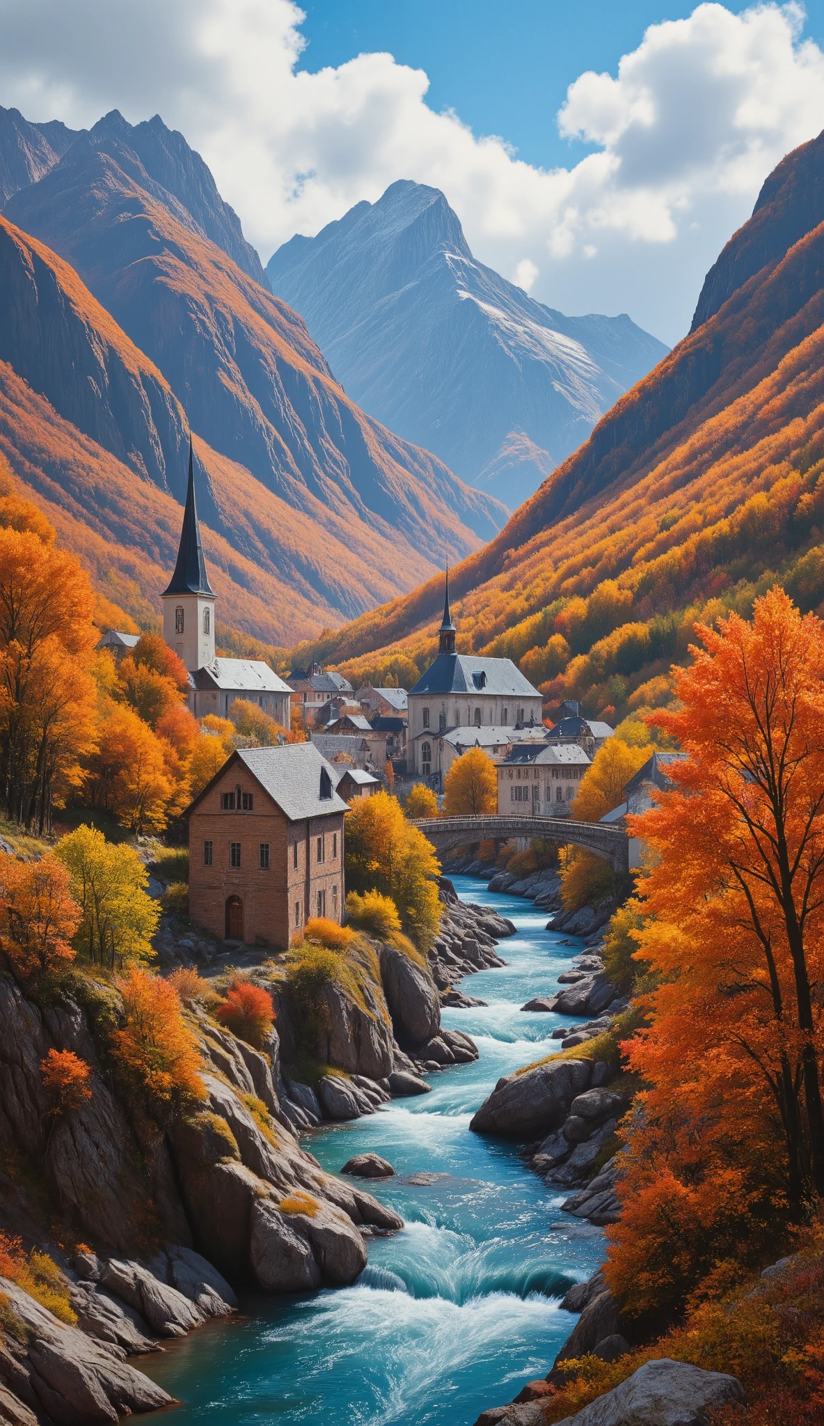 in high-definition images、秋山のOilの傑作 、 bright color 、 Spectacular Dramatic Expression Intense Style 、Small Village with Churches 、 Gothic Bridges 、 River in the valley 、 Crystal Water Top Quality Delicate Details 、Ultra Clear 、 Screen Environment 、 STURDY BUILDING、 8 kilometers 、 Oil 、