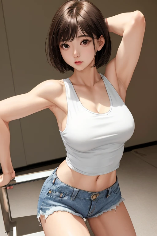 (1 female bodybuilder:1.37), tmasterpiece, Best quality at best, illustratio, ultra - detailed, finely detailled, A high resolution, 8k wallpaper, Perfect dynamic composition, 美丽细致的眼睛, natural lips, Leopard print camisole vest:1.37, camisole with details, short denim trousers , mediuml breasts:1.25, Cute look:1.3, white skinned, pale-skinned, oilly skin, Glossy glossy skin, Caucasians, White hair, silber hair, Undercut hairstyle, Clean armpits,