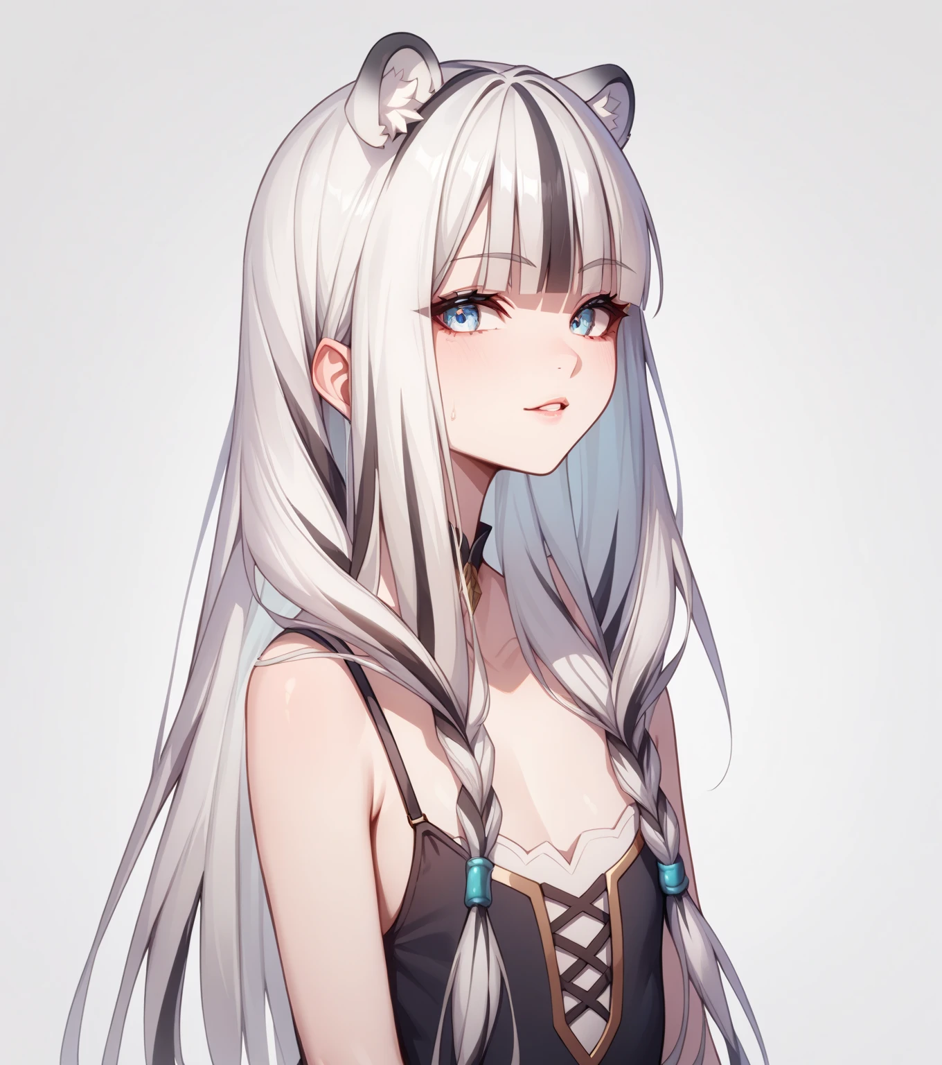Korean Girls,cat clothes, cat ears, cat tail,big white t-shirt, Without pants,Nipples stick out a lot, sexy 몸매 ,silver hair, long hair, earring,Naughty expression, sexy