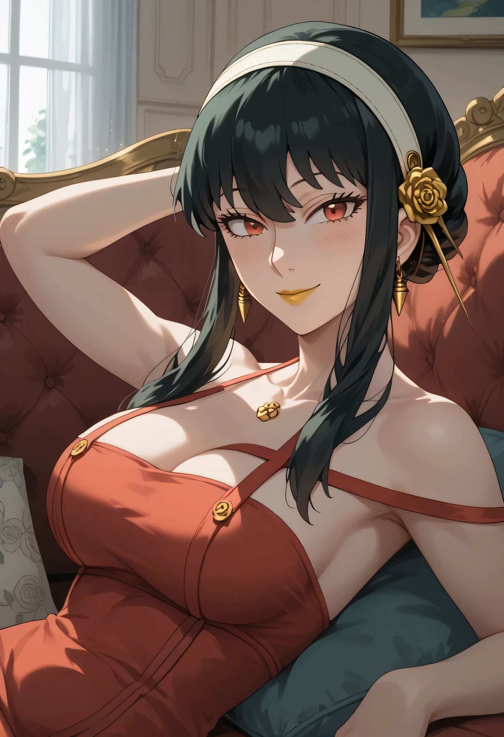 woman, big breasts, yellow lipstick, anime style, black hair, white skin, red eyes, red dress, bare shoulders, home, lying on couch, focus on character, looking at viewer, smiling, casual clothing, happy, side view, Yor Briar, Yor Forger, Spy x Family