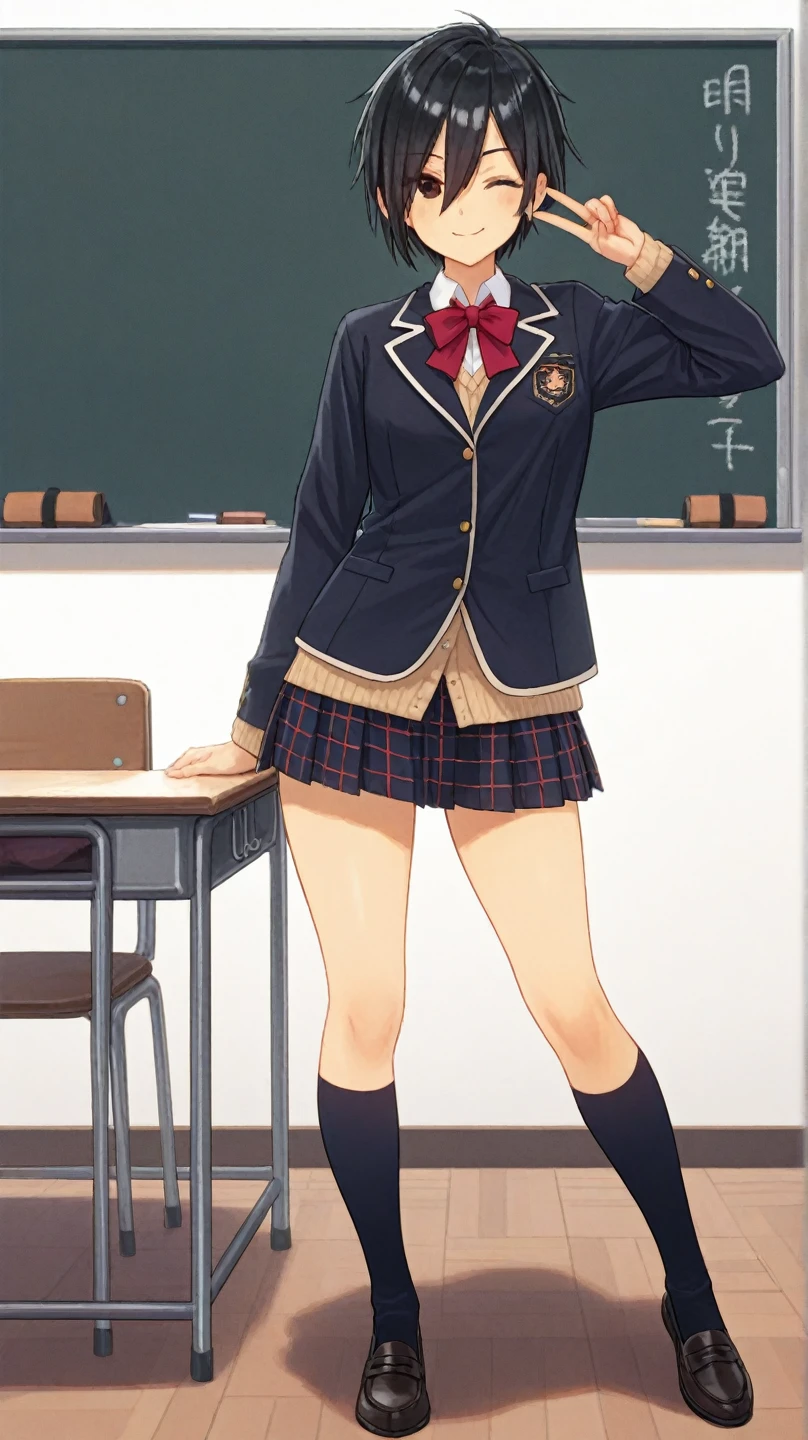 (Highest quality:1.2, Anime artwork, Anime Style, Studio Anime, Very detailed, up to date, Vibrant, Anime Coloring, High Contrast, masterpiece:1.2, Highest quality, Best aesthetics), Blue plaid pleated skirt:1.5, Red tie:1.5, Black blazer, (Private School Uniforms), Beautiful thighs, Redhead, Bobcut, Perfect body line, Skin with attention to detail, cute, Detailed face, Random Pause, School classroom, Accurate Fingers, evening, Illuminated by the setting sun, Soft lighting,