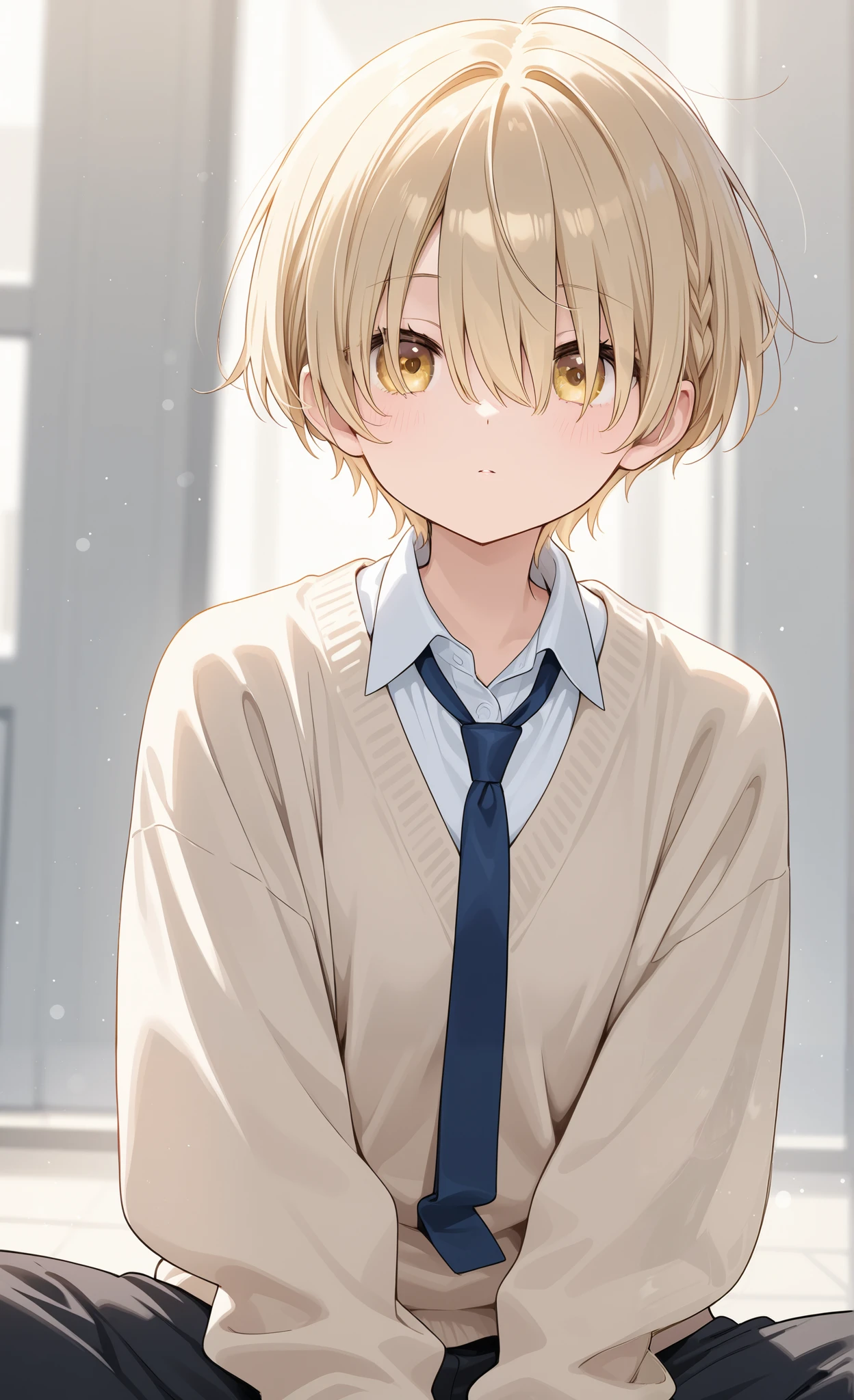 hair above eyes、I can see only a little bit through my hair、beautiful eyes、light golden hair、