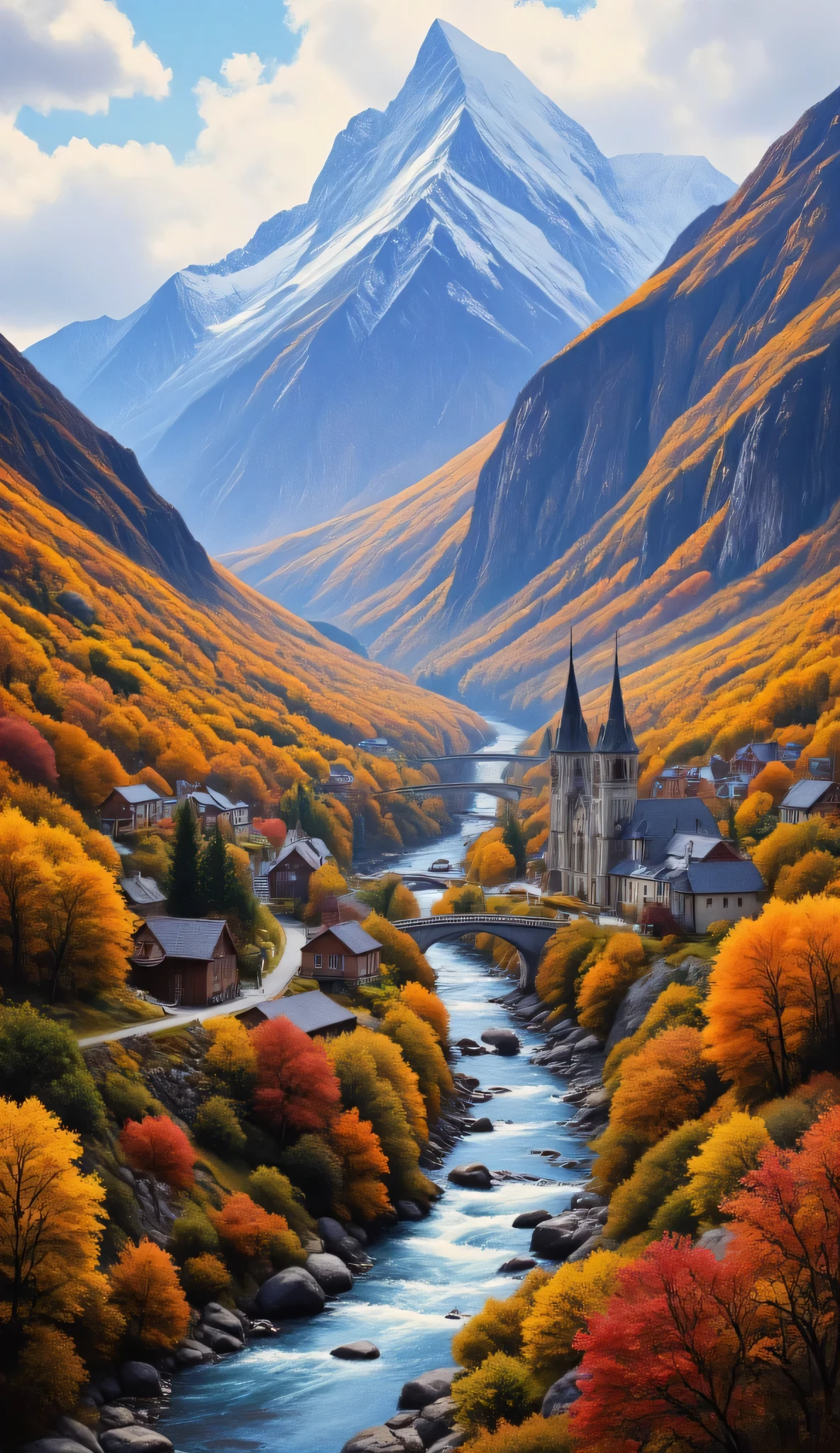 in high-definition images、秋山のOilの傑作 、 bright color 、 Spectacular Dramatic Expression Intense Style 、Small Village with Churches 、 Gothic Bridges 、 River in the valley 、 Crystal Water Top Quality Delicate Details 、Ultra Clear 、 Screen Environment 、 STURDY BUILDING、 8 kilometers 、 Oil 、