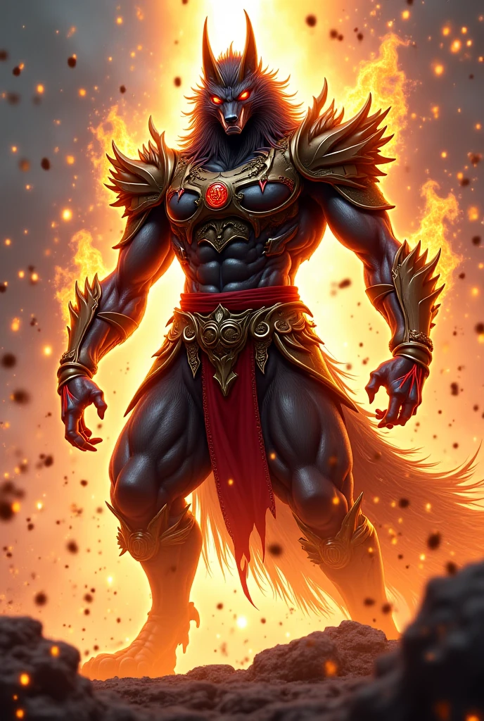 Alafed statue of a man with sword and fire, beautiful male god of death, fire demon, Fire behind him, male warrior, super detailed fantasy characters, Ross Draw and Boris Vallejo, fit male demon with white horns, human male demon, djinn man male demon, epic fantasy digital art, Cyborg Hindu deity, Trending in art stations