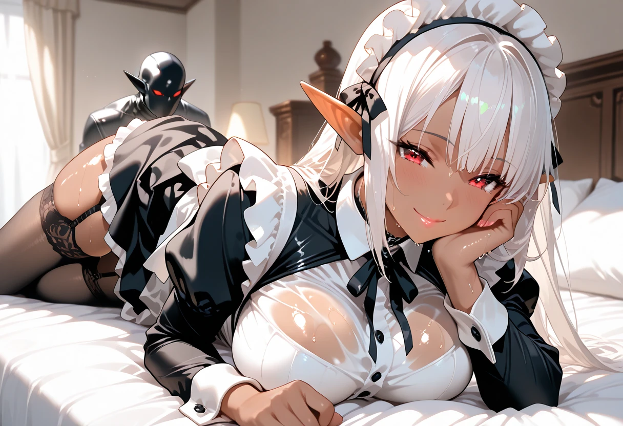 Maid clothes Half dark elf and half succubus Alluring thighs Knee-high socks Large Breasts Brown Skin