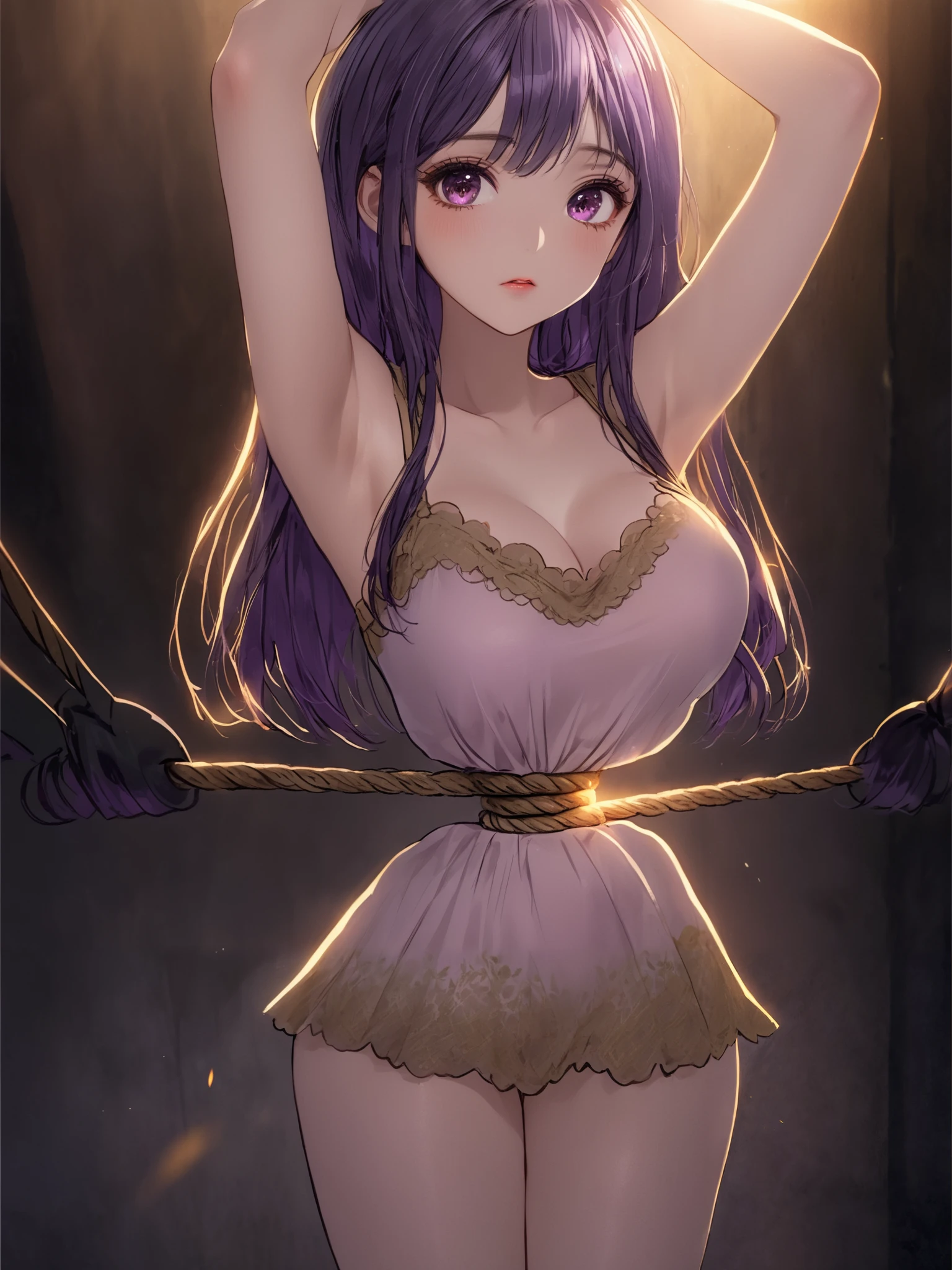((anime style))),(( masterpiece )), ( VERY DETAILED ), torture chamber ,(((arms raised))).((( Hemp Rope Tightening Her Waist ))), cute girl, light purple see-through lace slip dress,  beautiful dark purple hair ,(   beautiful golden eyes  ), long hair, armor that is an expression of pain
