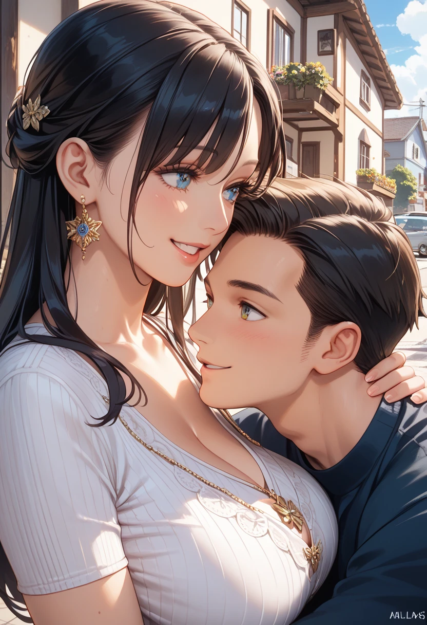 Portrait of a young, brunette couple in a warm setting, the INFJ man with rich, green hair and striking green eyes, his vibrant green attire enhancing his dark olive skin. He wraps his arm around the ENFJ woman, her dark brown skin radiating against the deep green of her dress, her glossy brown hair cascading down her plump, smiling face. Her curvaceous figure contrasts with the lean, smiling INFJ man.