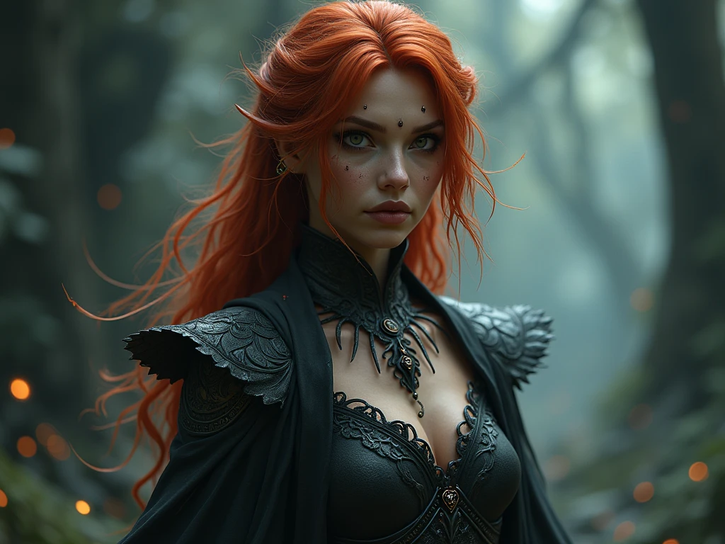 1 woman, she is a witch, inside a dark and gloomy castle made of stones, wearing black armor with a black cloth cape around it, detailed facial features, feminine light brown eyes, detailed white skin, dark woman, messy long red hair, dramatic lighting, cinematic composition, dark palette, dark colors, atmospheric fog, thin chin, serious face, serious face, strong and beautiful woman (Best Quality, 4K, 8K, Hi-Res, Art: 1.2), Ultra Detailed (Realistic, Photorealistic, Photorealistic: 1.37)