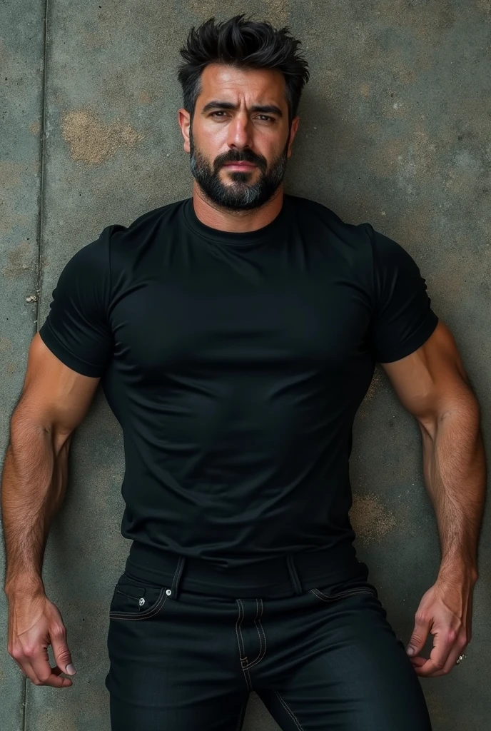 handsome mature man in his 50s,white man with a tanned complexion,(well-defined pecs and arm muscles),full body, facial hair styled into a neatly groomed beard,(intelligent and alluring eyes),a captivating, symmetric face with strong and defined facial features,a confident smirk on his lips,giving off an air of wisdom and rugged charm,beefy build that emanates strength and vitality. ((Full body)), (((shirtless))) (((black jeans))) (((manly)))