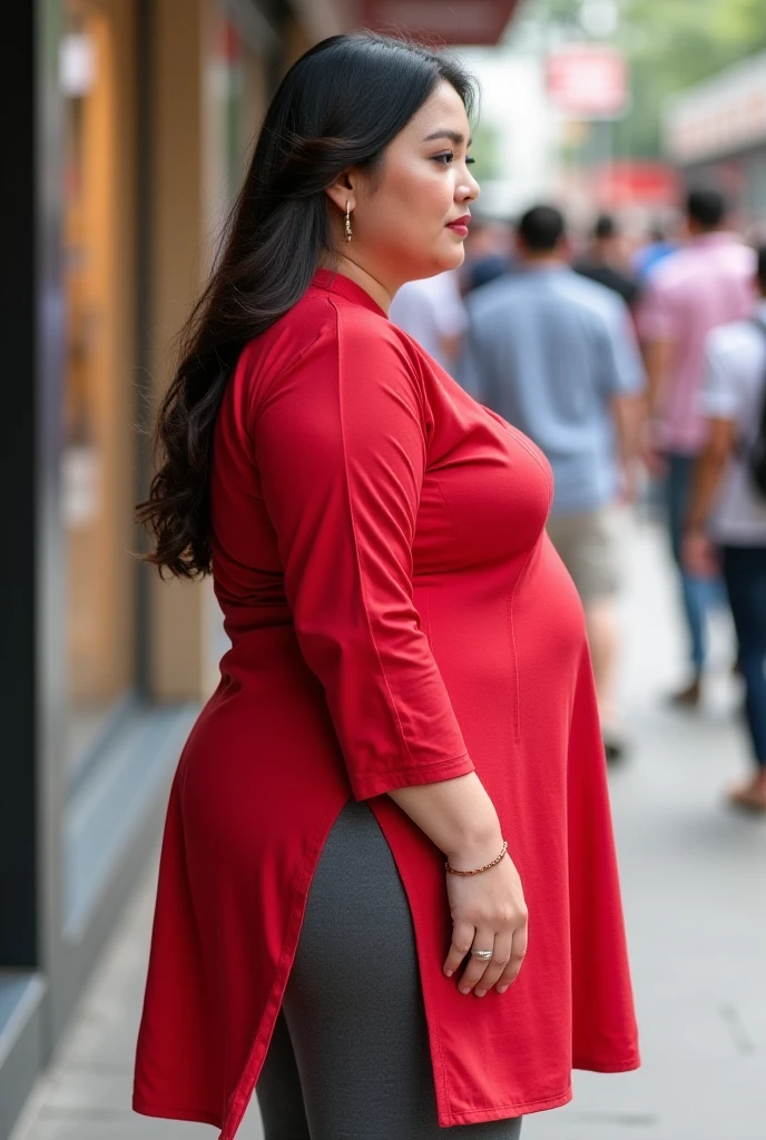 a chubby girl in a red Shirt and red pant, in a crowded street, large sagging breast, real skin texture, necklace, bracelet, earring, ring, detailed detail, ultra sharp, messy hair bun,  