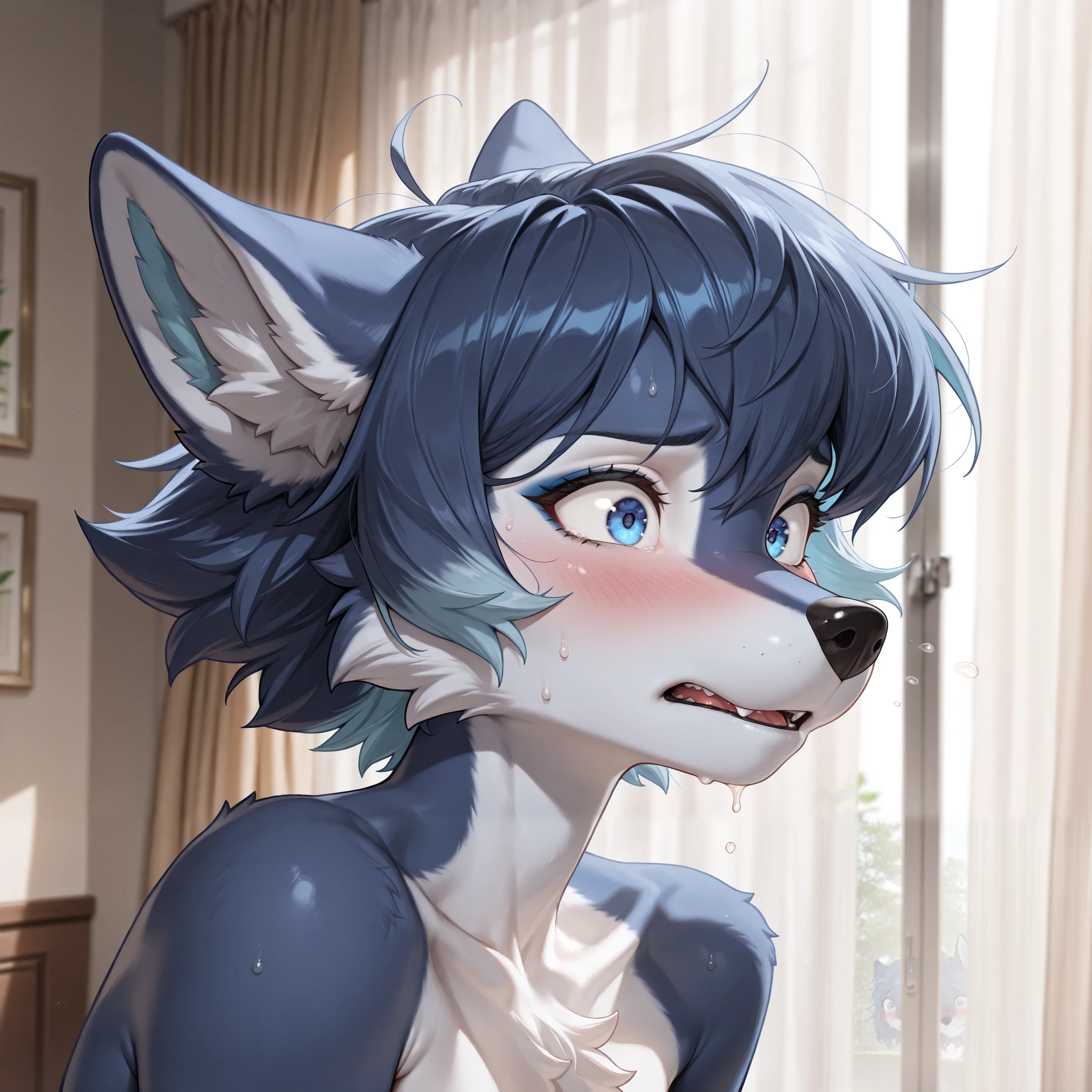 score_9,score_8_up,score_7_up, Krystal from Star Fox, Anthro furry fox girl, green eyes, naked, breasts, nipples, blowjob, she is sucking a human males cock, male is cropped out, simple grey background, side view, she is looking up at male