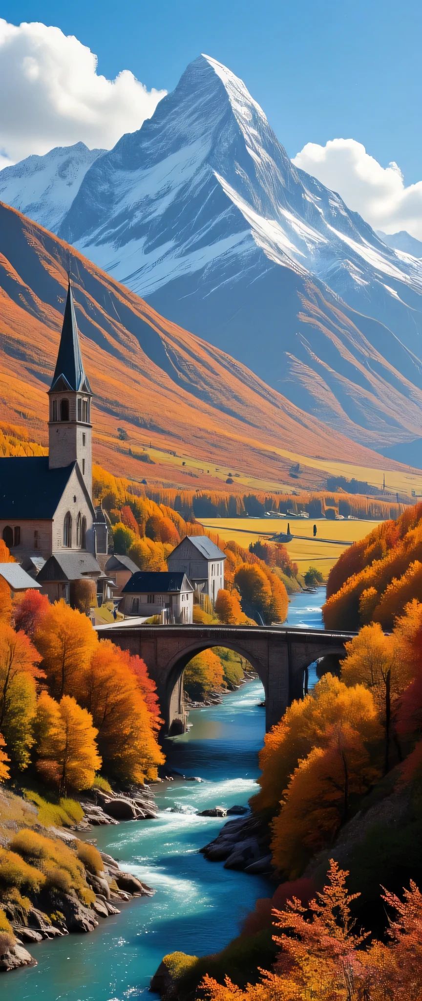in high-definition images、an image masterpiece of an autumn plain 、 bright color 、 Spectacular Dramatic Expression Intense Style 、 a small village with a church 、 Gothic Bridges 、 A river in a gentle valley、 crystal water top quality screen environment 、 a spectacular view 、 STURDY BUILDING。