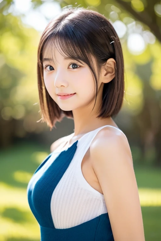 (in 8K、Raw photography、top-quality、​masterpiece:1.2)、30-years old、(japanes)、1人の女性、A detailed face、A detailed eye、Detailed mouth、short-cut、ssmile、sitting on grass