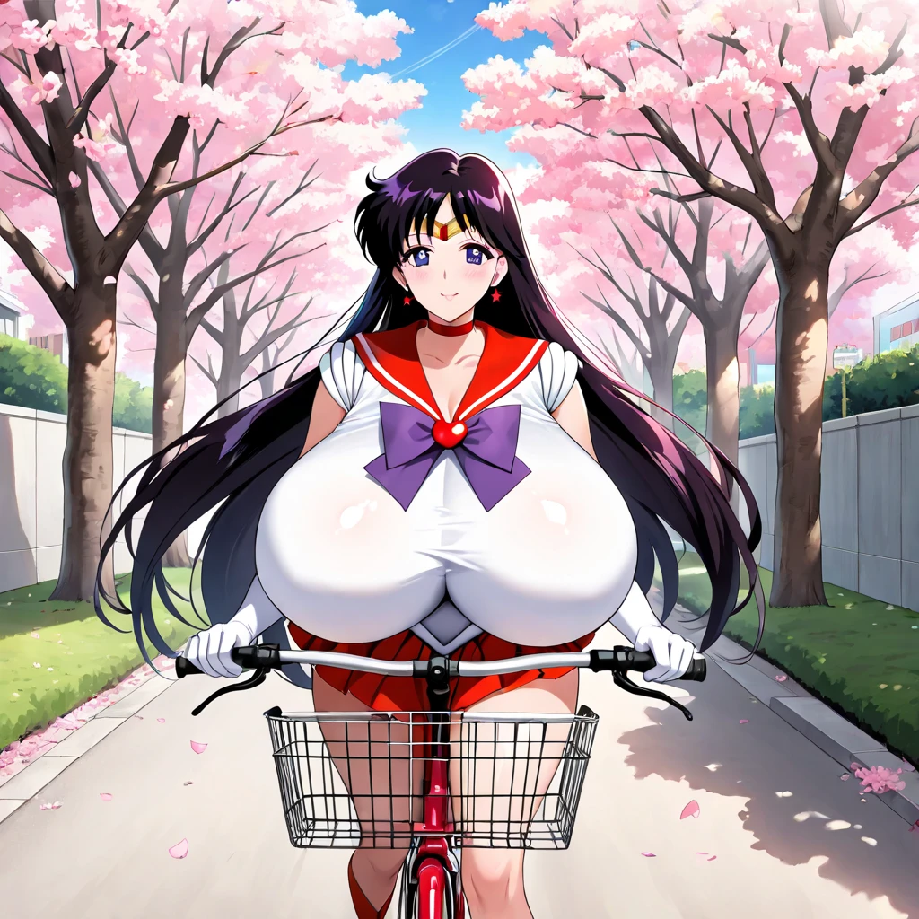 todoshizuko, purple hair, ponytail, hair ribbon, long hair, blue eyes, makeup, 15years old , large breasts, solo, nsfw, nipple, ride a bicycle