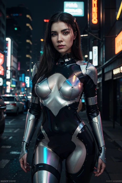 hyperrealism, (photorealistic:1.2), (photorealistic light:1.3), masterpiece, best quality, perfect detail, professional photo, realistic photo, raw photo, realistic style, detailed face, close-up, realistic portrait, cyberpunk style, cyborg, Megan Fox, multi-colored hair, robotic body, robotic arms, robotic legs, old mechanical armor, posing on the street Night City, looking at viewer, neon lights, night, dramatic lighting