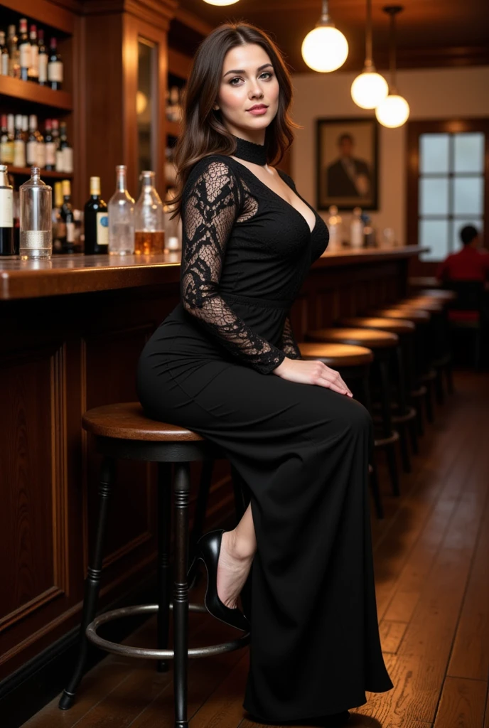 Sexy tall dark hair brunette, slightly wavy hair, 175cm tall, perfect body, in a little black dress that highlights her curves, standing in a classy restaurant, with a glass of red wine in hand, raw photo, realistic UHD, 8k, realistic skin shadows, realistic skin texture, playboy photoshoot