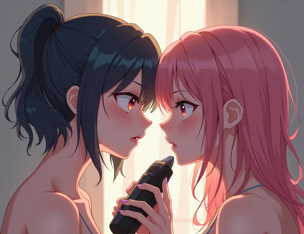 anime, moe, adult woman, undressed, kiss between women, lick each other's tongues, string bikini, hugging, big, long hair, pink walls, pink lighting, women's bath