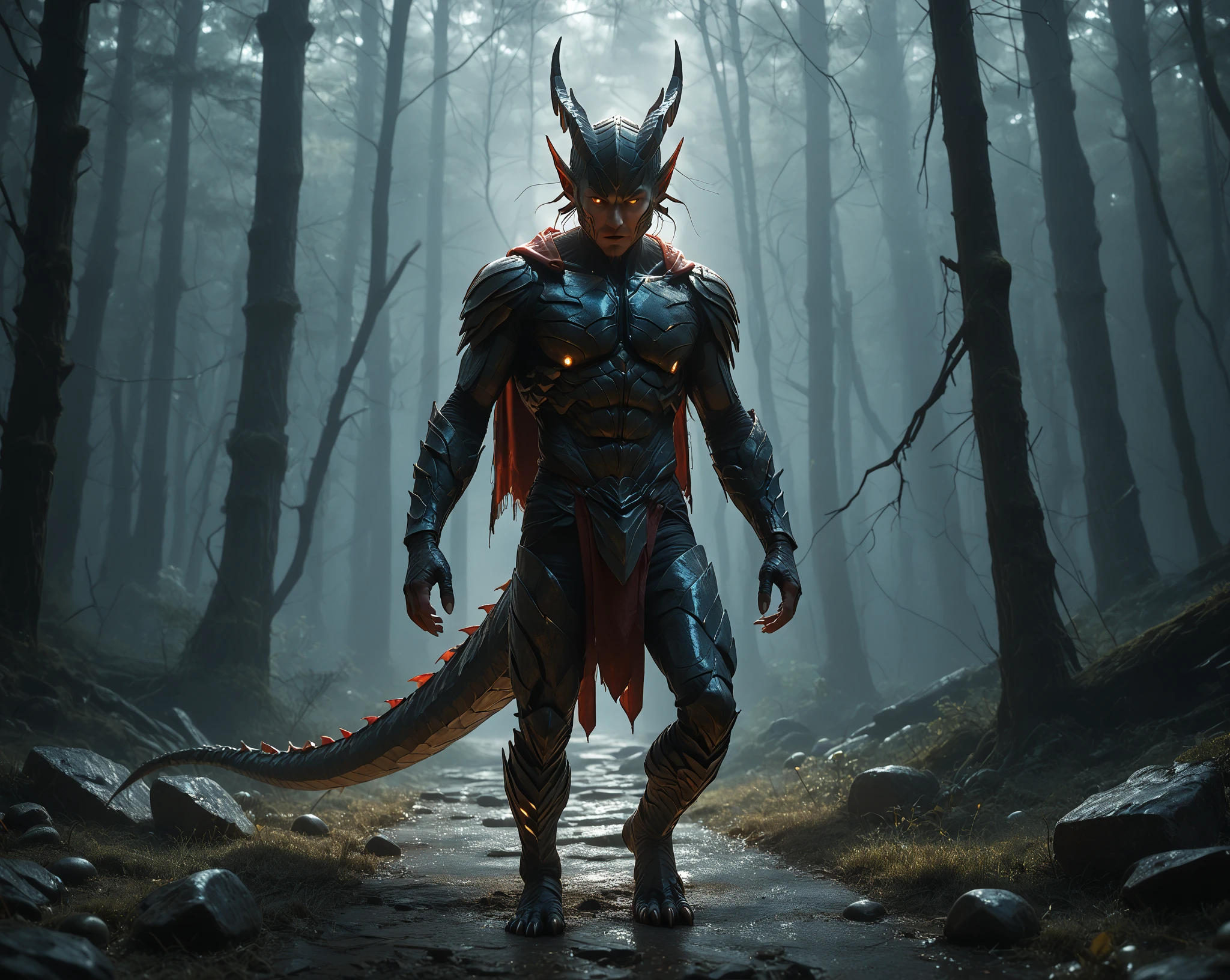 a giant monster hybrid of dragon and spider, in dark dense foggy forest, RAW photo, full sharp, (FullHD epic wallpaper) 8k uhd, dslr, soft lighting, high quality, film grain, Fujifilm XT3