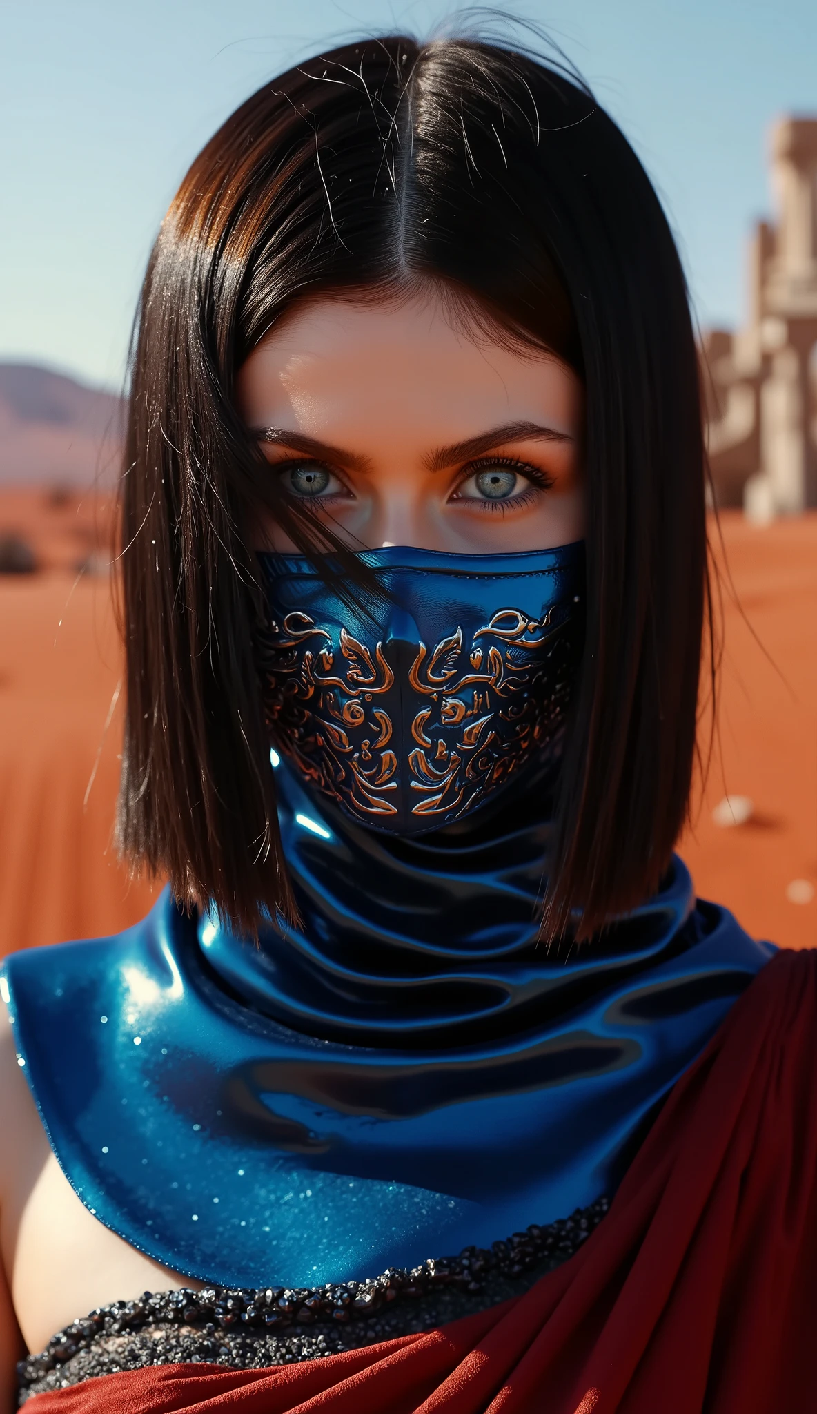 "Hyper-realistic close-up of the upper body like , The warrior from Mortal Kombat Kitana. She has a calm expression , most powerful, with penetrating eyes that convey nobility and strength. Sua blue metallic mask cobre parte do rosto, with intricate details and brilliant reflections that highlight the shimmering material. A mask possui padrões tribais e pequenas incrustações prateadas que complementam seu visual. The lighting is cool and dramatic , with shades of blue, creating strong contrasts between light and shadow. The background is a hyper-realistic apocalyptic desert, with endless red sand dunes under a crimson sky. Ao longe, a ruined city rises against the horizon, with broken columns and ragged fabrics swaying in the hot wind. Fine dust rises from the ground, creating a heavy and oppressive atmosphere, while the bloody sun casts long and striking shadows."
Extra details for realism:
mask: Highly detailed design, with metallic reflections , shiny and silver tribal patterns.
cabelo: Preso, smooth and shiny black , with fine grains of sand attached lightly to the wires.
fundo: Hyper-detailed textures in the sand dunes, ancient ruins and dust suspended in the air.
These three scenarios offer distinct visual variations, mantendo o foco no rosto icônico e na blue metallic mask, while explore different emotional and aesthetic atmospheres.
