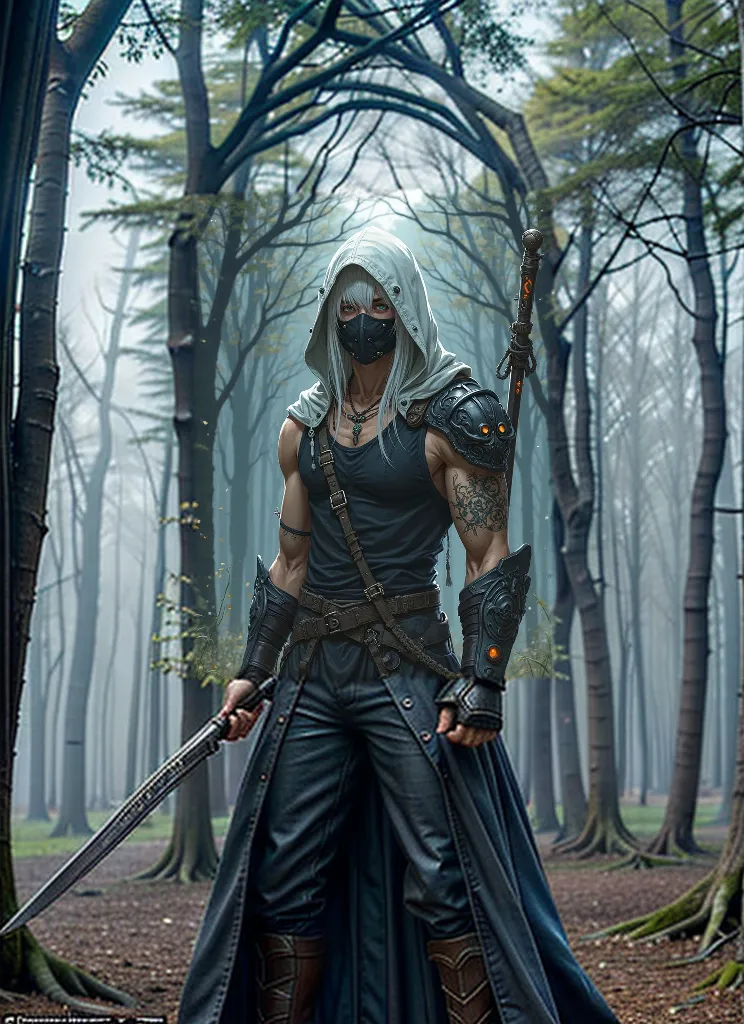 the best quality, very high resolution, detailed 4K CG, work of art, skeletor, humanoid, neve, tall trees, blue sky, Norse mythology, Rune Tattoo, beautiful aesthetic, Beautiful picture, centered on screen, traveler clothes, two axes