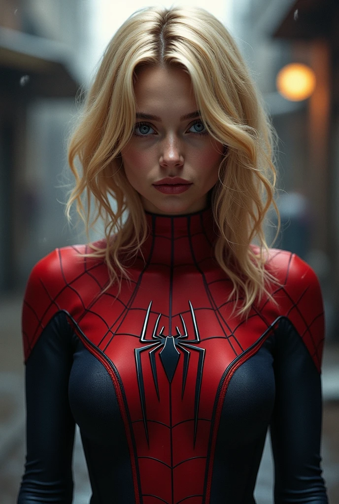Amanda Seyfried、Sticking out the navel、newyork、She wears a torn Spider-Man suit,wearing skirt、 Red and black color scheme,Dynamic、​masterpiece、top-quality、ultra-detailliert、ighly detailed、beautiful detailed brilliance、超A high resolution