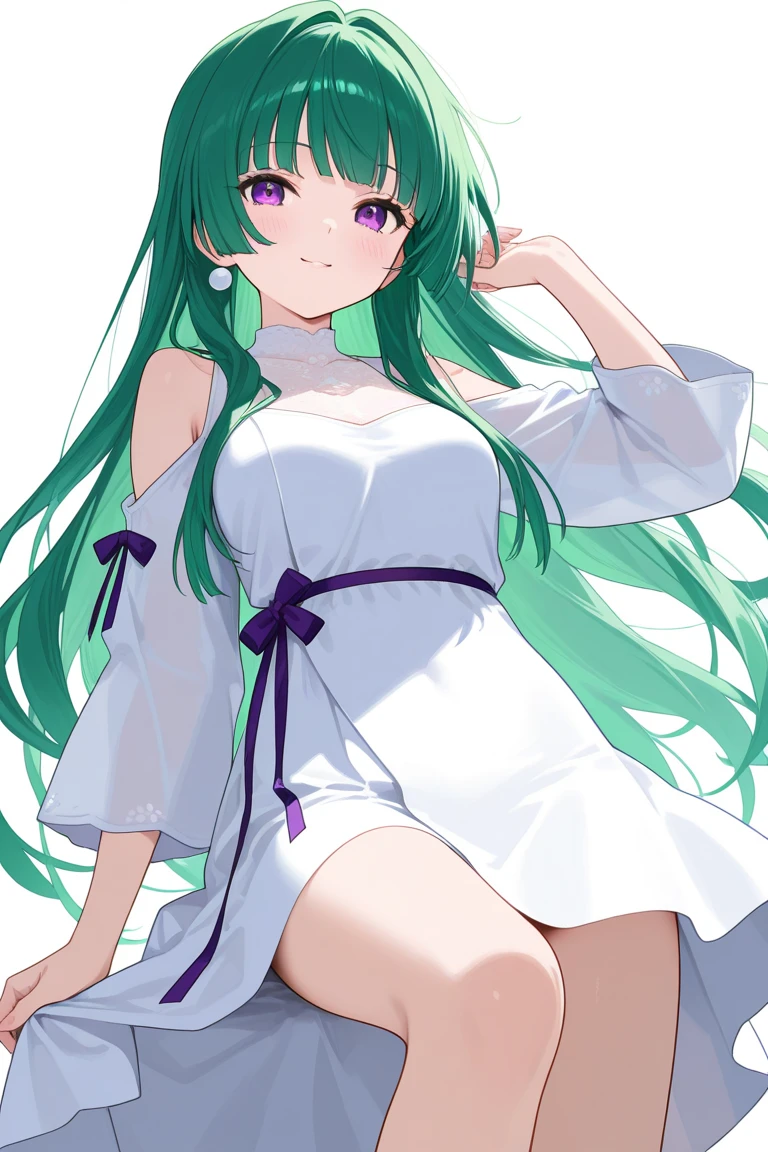 (Girl),(woman),(beautiful),(white color),(long green hair),(beautiful face),(green eyes),(height 1.68),(super busty),(body structure),( body slender),(Sexy ass),(Breasts size 190 cm long super large),(wearing),+,(a short t-shirt with a neckline in the middle and wearing a super short straight pencil skirt 16 cm long And the t-shirt has a neckline in the middle of the breasts and shows the shoulders and has no strap)