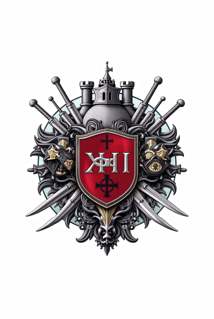 Metallic crown with red lining on top of two intersecting halberds