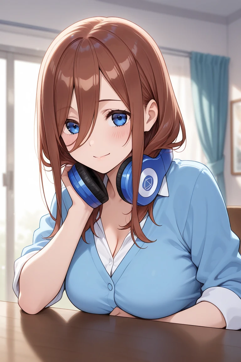 Hi-Res, maximum quality, illutstration, Super Detail, (Detail Face), (Detail Eye), Soft lighting, maximum quality, Super Detail, masterwork, 1girls, 独奏, Costume 2, Ash brown hair, ponytails, Chou, brown eyess, short sleeve shirts, pleated skirts, red necktie, Glowing eyes,, (colorfully), Upper bust, Sorrisos, class room, looking the viewer、(Anna Tanaka)、A high school girl、Summer clothes skirt、Cotton panties、Sit on the stairs、NSFW:1.5、(Bend your knees and open your legs), masterpiece, best quality, highres, nm1, headphones around neck, school uniform, long sleeves, blue cardigan, green skirt, pantyhose, cowboy shot