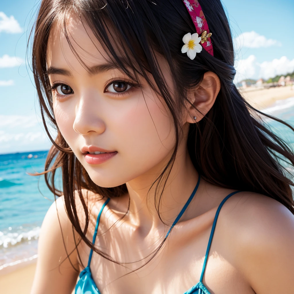 Best quality, face focus, soft light, super high resolution, (Realism: 1.4), raw photo, one Japanese girl, one person, cute, (pupils, light in eyes), beautiful face details, (small box), (high resolution details of human skin texture), (long hair), (portrait),((Colorful Bikinis:1.3)), Swimwear,Upper Body,