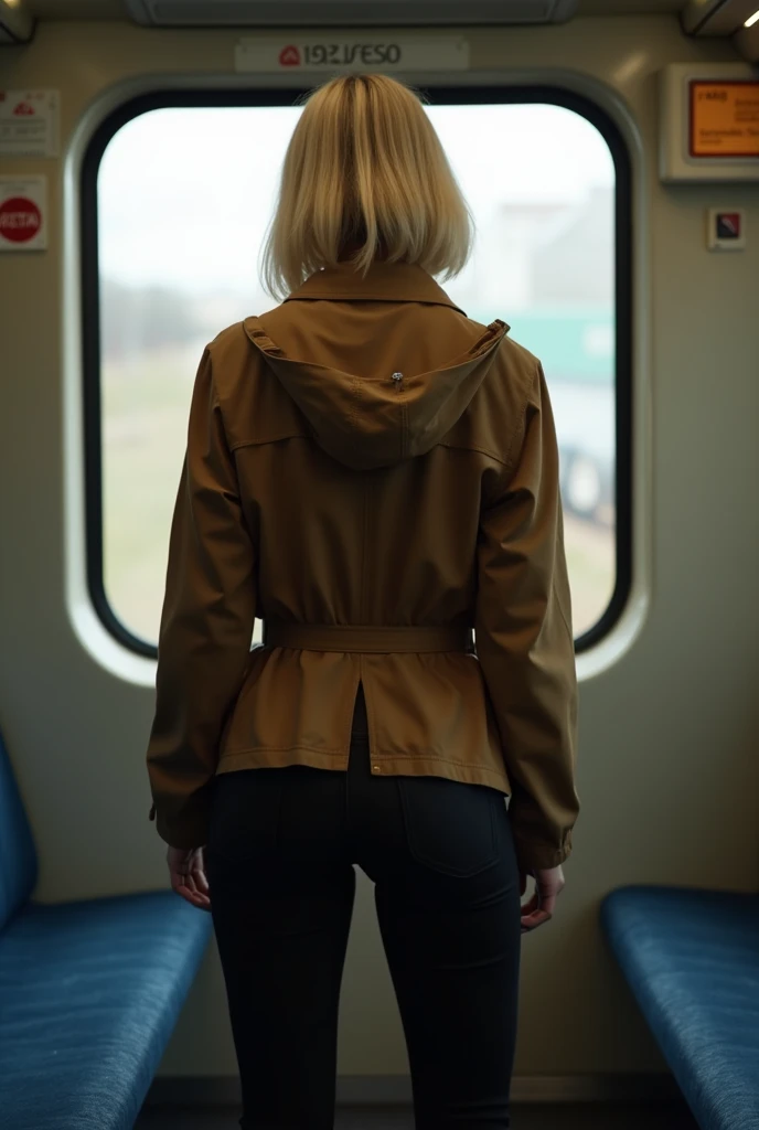 nude blonde swedish girl wearing open jacket and skirt on bus