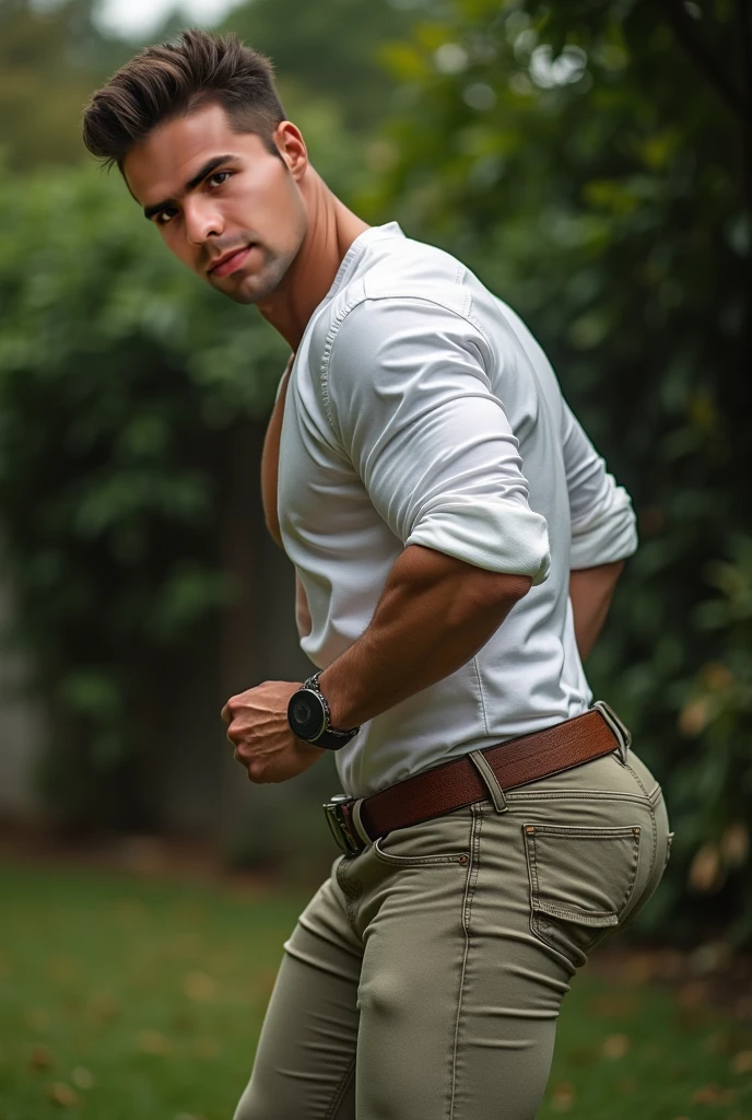 (((Muscular man))) masterpiece, best quality, high resolution, closeup portrait, male focus, solo focus, A man, 50 years old, grey hair, soccer player, football player, grey silver hair, messy hairstyle, cute and seductive face, bare chest, body hair, facial hair, roman nose, very skinny body, hairy legs, cute, dimples, goatee and mustache, bold jawline , full body, sweaty, in the background an outdoor soccer football field, view from below, amazing composition, , HDR, ultra quality, elegant, highly detailed,, beautiful asd, realisric male genitalia (((beige jeans))) (((front view)))