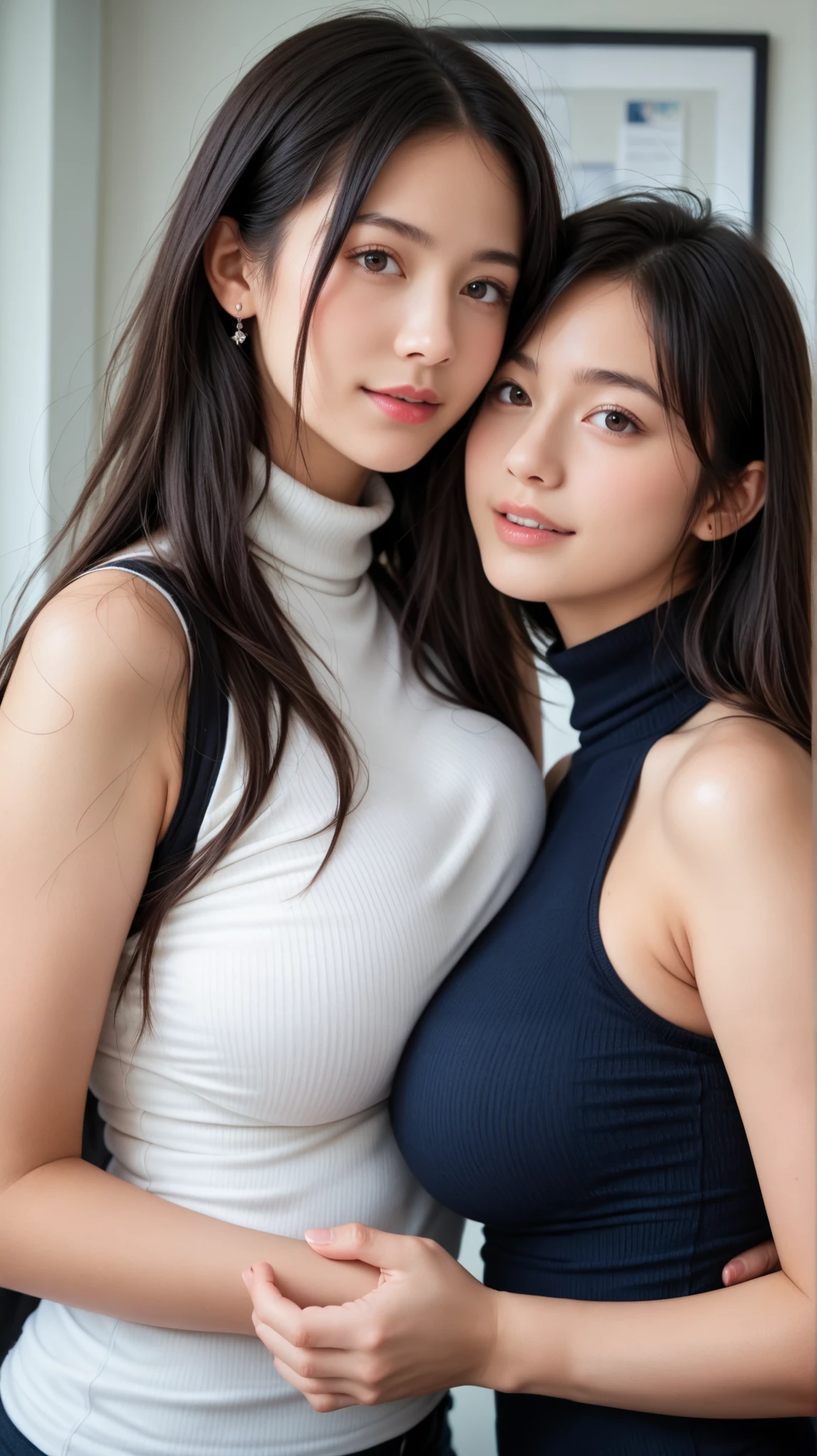 ((masterpiece, top quality, 最high image qualityのKiによる撮影, high image quality , photorealistic, RAW photo)), 2 girls , Two people, beautiful young woman, realistic skin texture , Big Breasts、on the bed, ((( turtleneck , , sleeveless, 天然Big Breasts, a slightly proud expression , upper body))), beautiful thighs、((In the office、lesbian play))、(curvy body)、2 women、lesbian、Rub my breasts、is erotic、Sensual Expressions