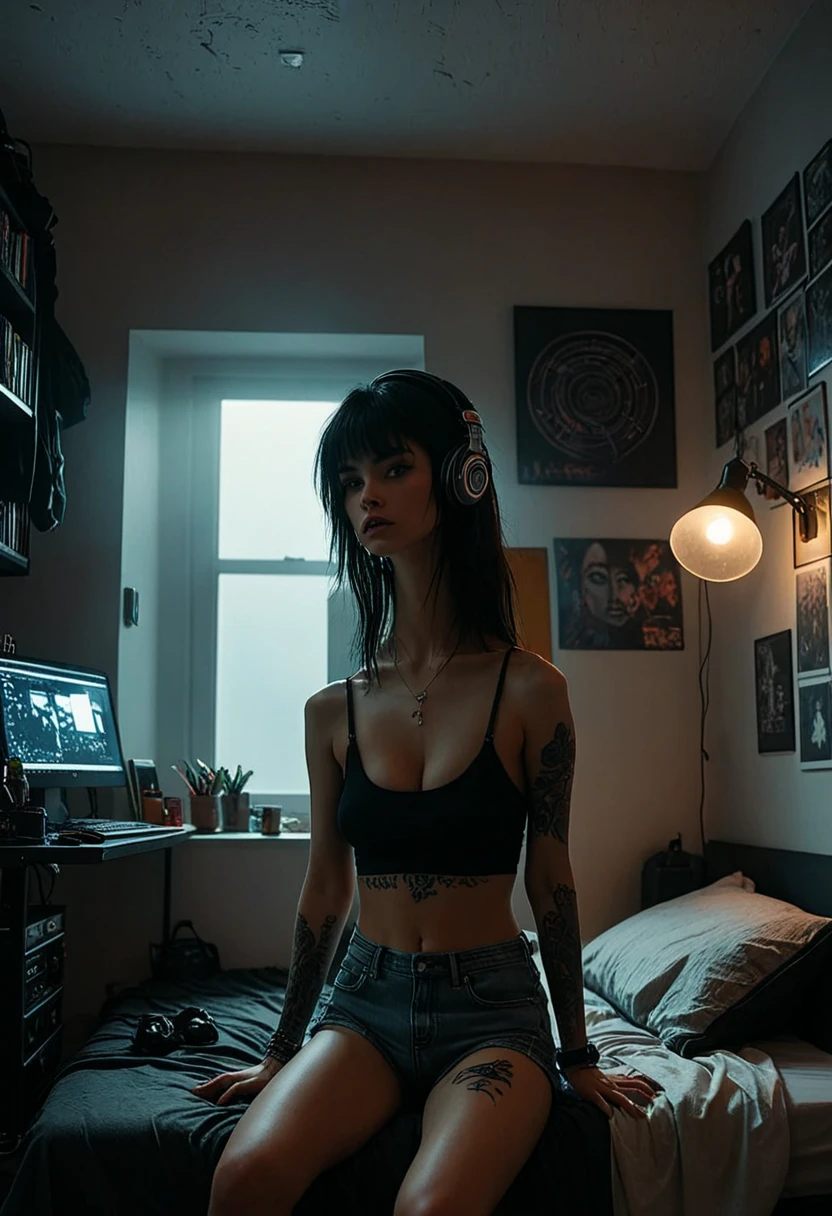 ((1girl)), 21 year old woman, short blue hair, small breasts, thin hips, choker collar, nude, naked, pubic hair, standing, open door, open window, record store, records, vinyl, dramatic lighting, cinematic lighting, masterpiece, best quality