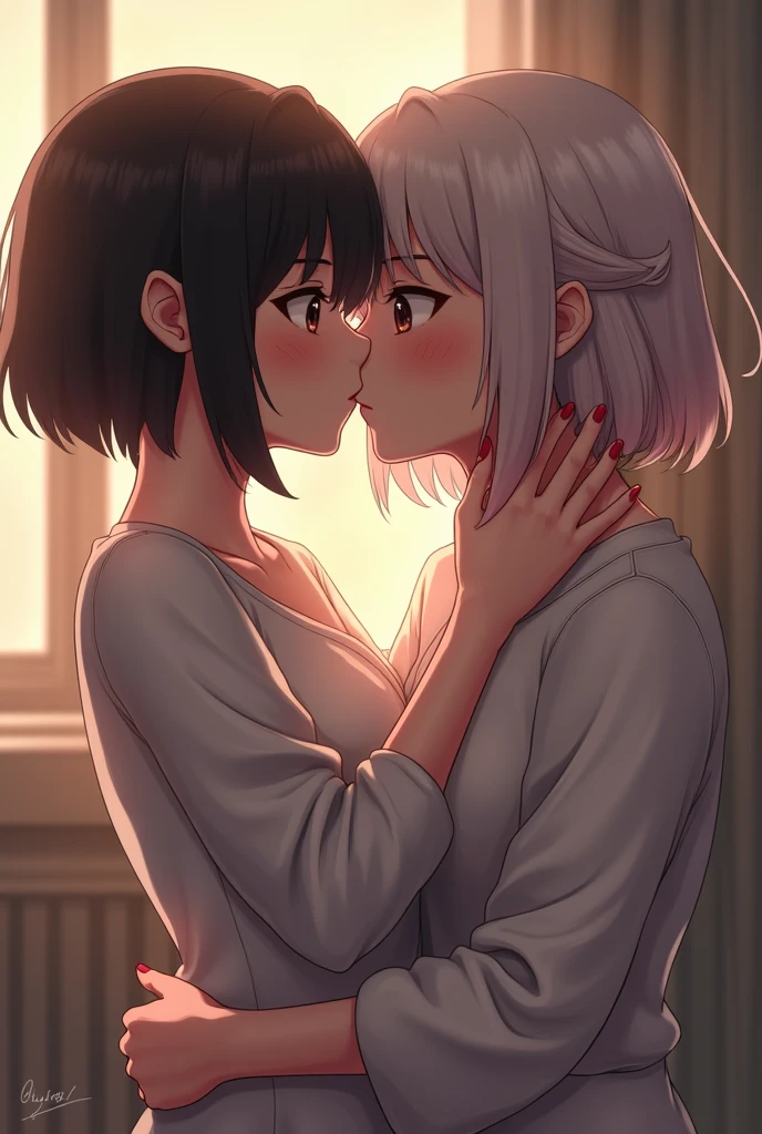 score_9, score_8_up, score_7_up, source_anime, multiple girls, 2girls, yuri,  long hair, black hair, hime cut, red eyes,  medium hair, white hair, straight hair, purple eyes, BREAK kiss, dutch angle,