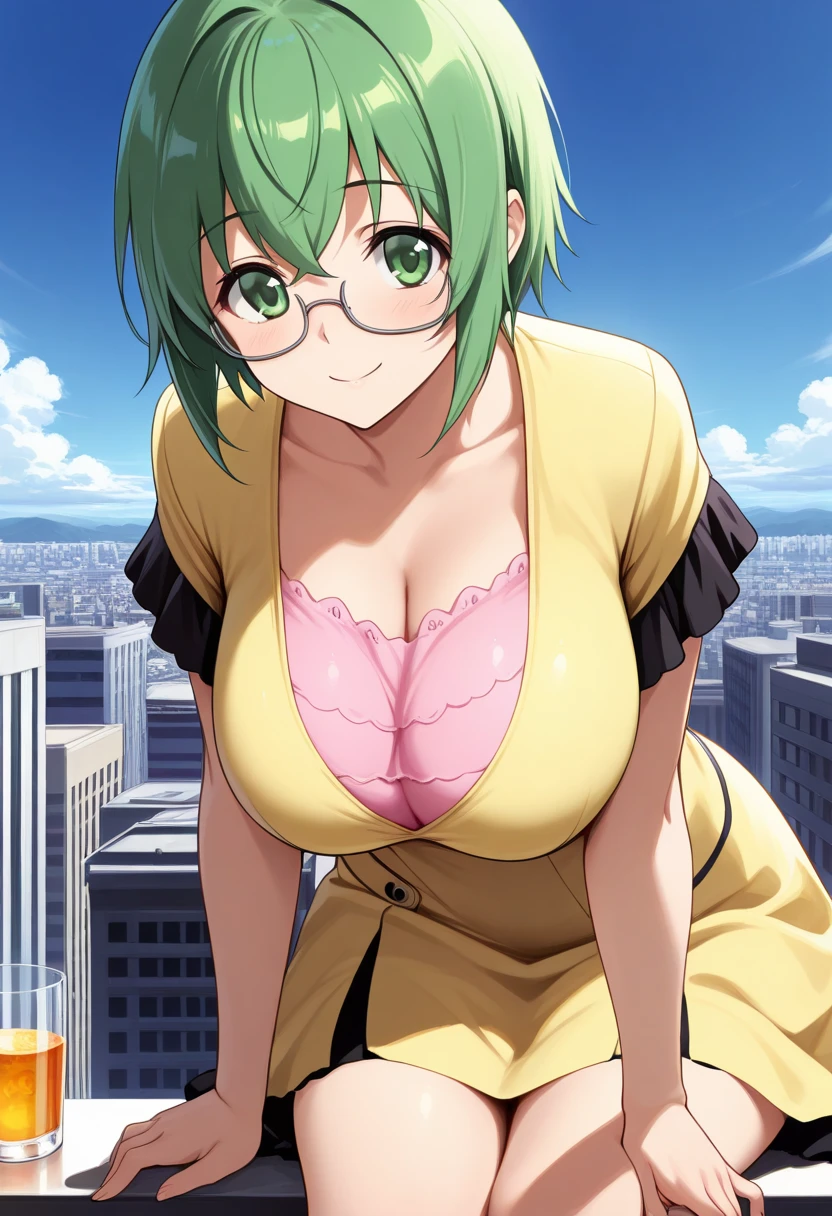 1girl, solo, green hair, short hair, green eyes, from below, yellow dress, Squat on the floor, Opening legs, arms behind back, skirt, (panties), pussy line, pink bra, huge breasts, white thighhighs, smile, bed, bedroom, absurdres,