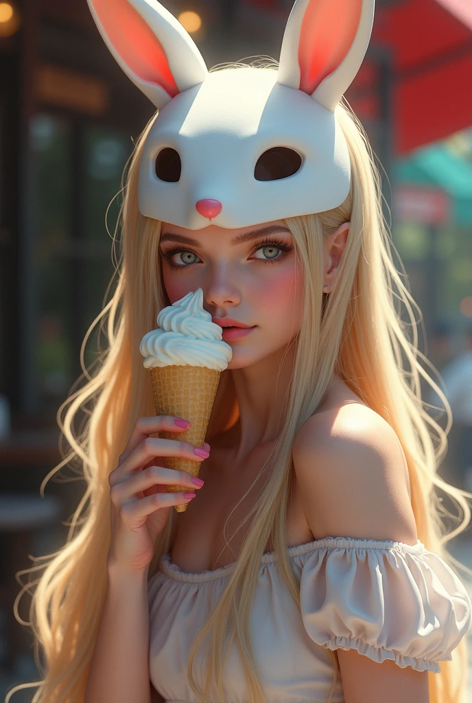 pretty girl in loose white t-shirt licking an ice cream cone