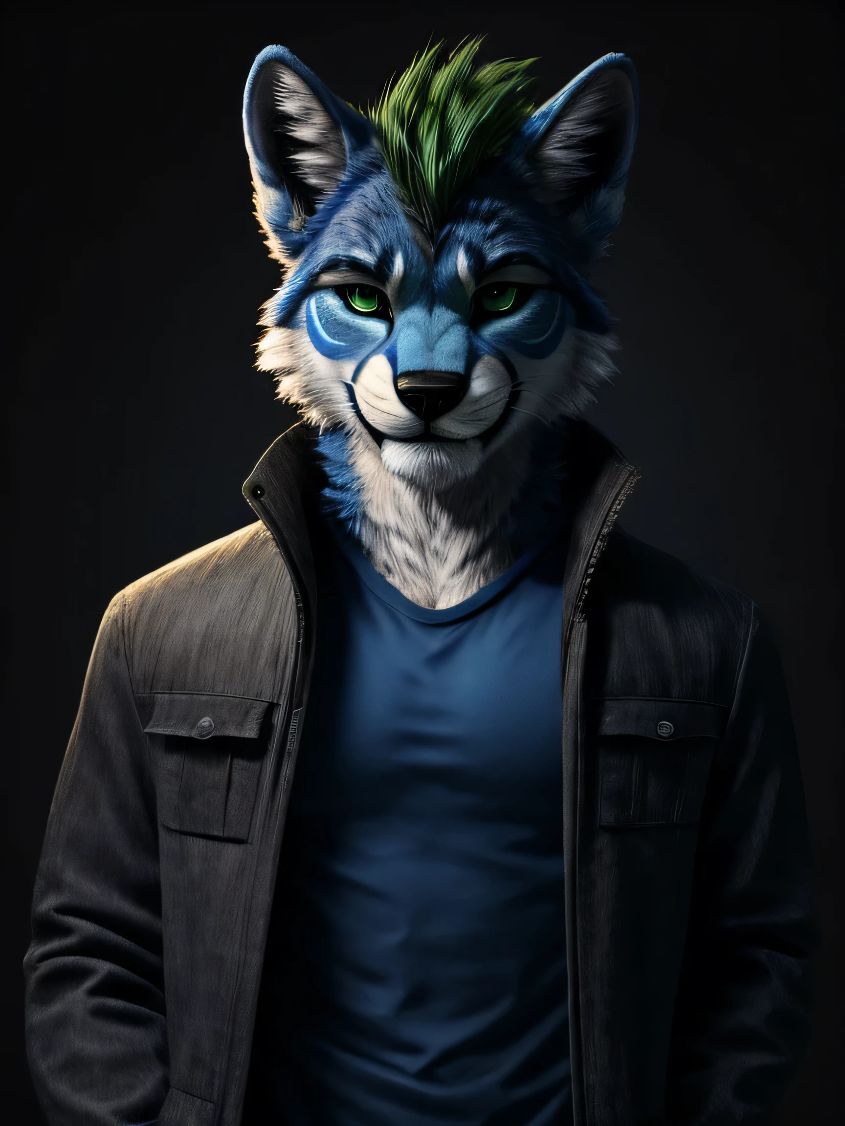 liolf (hybrid wolf:0.7 and lion:0.3), anthro liolf, furry, male, solo, 25 yo, darkblue fur, darkblue body, green hairs, spiky hairs, short hairs, deep green eyes, look at viewer, seductive smile,dark blue shirt, opened light grey jacket, dark grey pant, polar background, fullbody