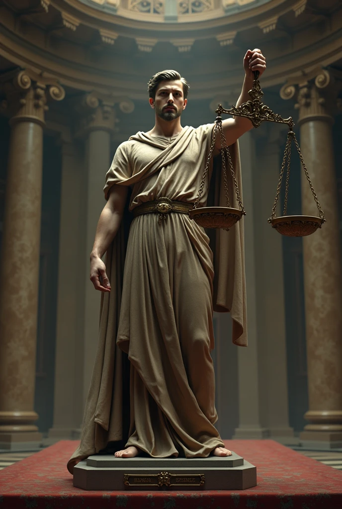A male statue With open eyes and a 2-pan scale Unbalanced is a sword broken in half