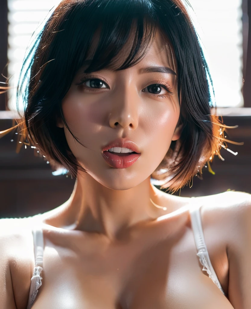 (ultra-realistic realism), (illustratio), (A high resolution), (8K quality), (The is very detailed), (The best illustrations), (beatiful detailed eyes), (top-quality), (ultra - detailed), (tmasterpiece), (the wallpaper), (详细的脸),Mature 30 year old woman,Short or medium hair, Red or pink slip dress,鎖骨,Get wet,With a sex blindfold,Stick out her tongue
