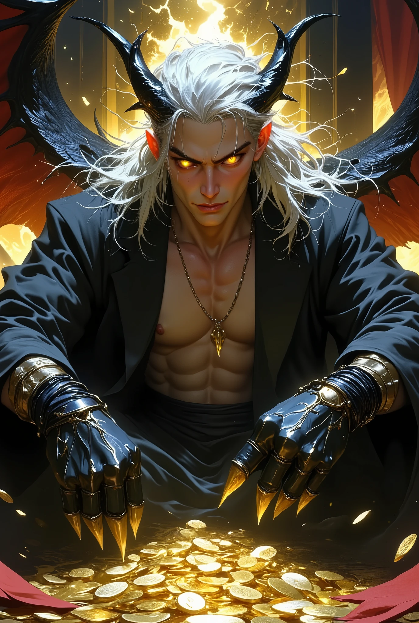 1 male with two hemipenises, Anime illustration semi-realism of Chinese human dragon hybrid male, crooked grin, semi realistic, shirtless, topless, without shirt, (((without pants, without trousers))), muscular, (((super broad shoulders, broad shoulders, very broad shoulders))), (((smaller waist, slimmer waist))), (((slim jaw, narrow jaw))), slightly muscular body, Asian eyes, monolid eyes, (((long flowy white hair))), (((long hair))), (((long white hair))), pretty lips, full lips, (((red eyes))), sleek design, (((closed mouth smirk))), masculine facial features, detailed face, handsome face, sharp facial features, sitting leaning back on big golden throne on top of gold coins arms on armrest, looking at viewer, dynamic light, (((has big black and red dragon wings))), ((((has two black dragon horns on head)))), (((has a black dragon tail))), (((black pointy jagged hand armor, black pointy jagged shoulder armor))), black pointy jagged armor, (((has two hemipenises, has two black scaled hemipenises))), naked, (((naked legs, naked torso))), view from below, point of view from below, looking at viewer,