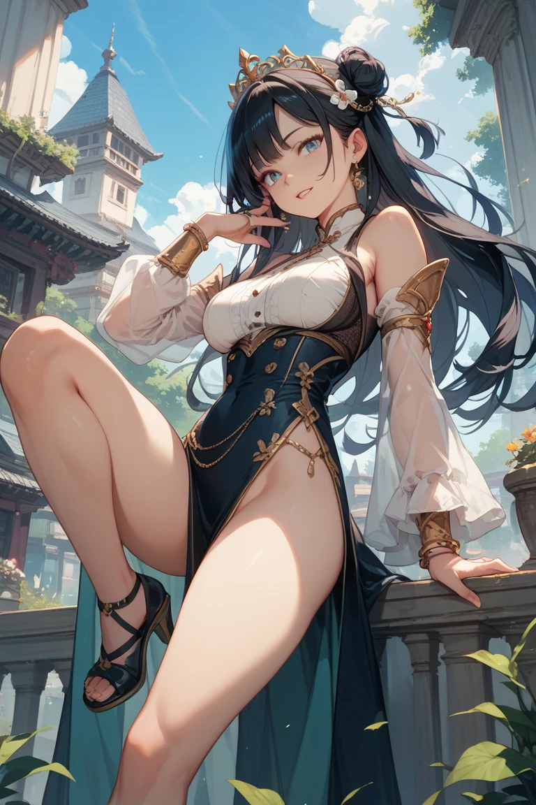 1个Giant Breast Girl, 独奏, High- sharpness, looki at viewer, tmasterpiece, Best quality, extremely detaile, Perfect lighting, , high-heels, and the sun was shining brightly, Light tracing, long whitr hair, Detailed beautiful face, looking at viewert, , dry, Black combat uniform, ssee-through, upper legs,