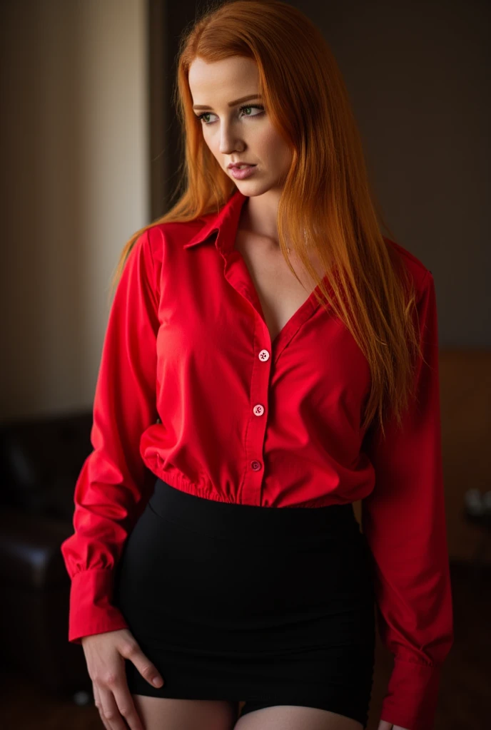 (portrait, realistic photograph, Leica 50mm, aperture 1.8, female university professor, red hair,56years, looking at camera, sheer shirt and cotton panties); In an dark and moody old english office with oak furniture; Detailed Skin; 4k; cinematic light; Steve McCurry Style; aspect ratio 2:3; blouse undone