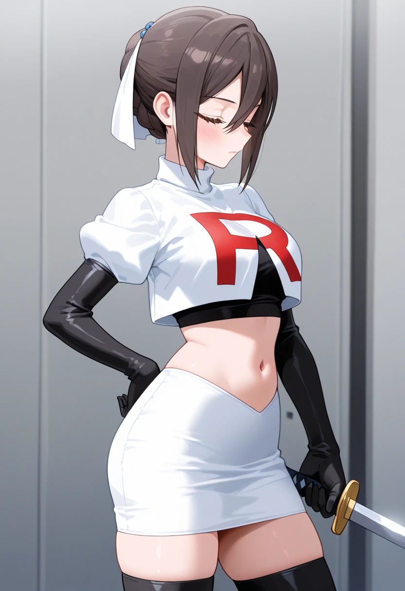 (masterpiece, best quality:1.2),illustration,8k,hd,1girl,solo,black_hair,ponytail,bow,hair_bow,large_breasts,white_bow,very_long_hair,bangs,hair_flaps,brown_eyes,yellow_eyes,katana,team rocket,team rocket uniform,white skirt,red letter R,crop top,black thigh-highs,black elbow gloves