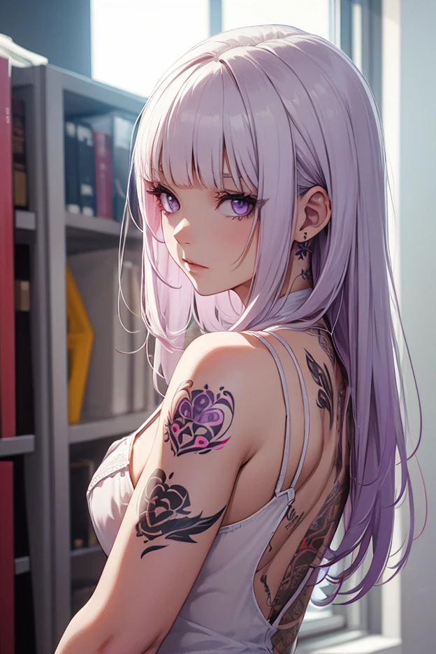 young girl, Long white hair, cat ears, Purple eye, Naked, , smirk, tattoo, Masterpiece, hiquality