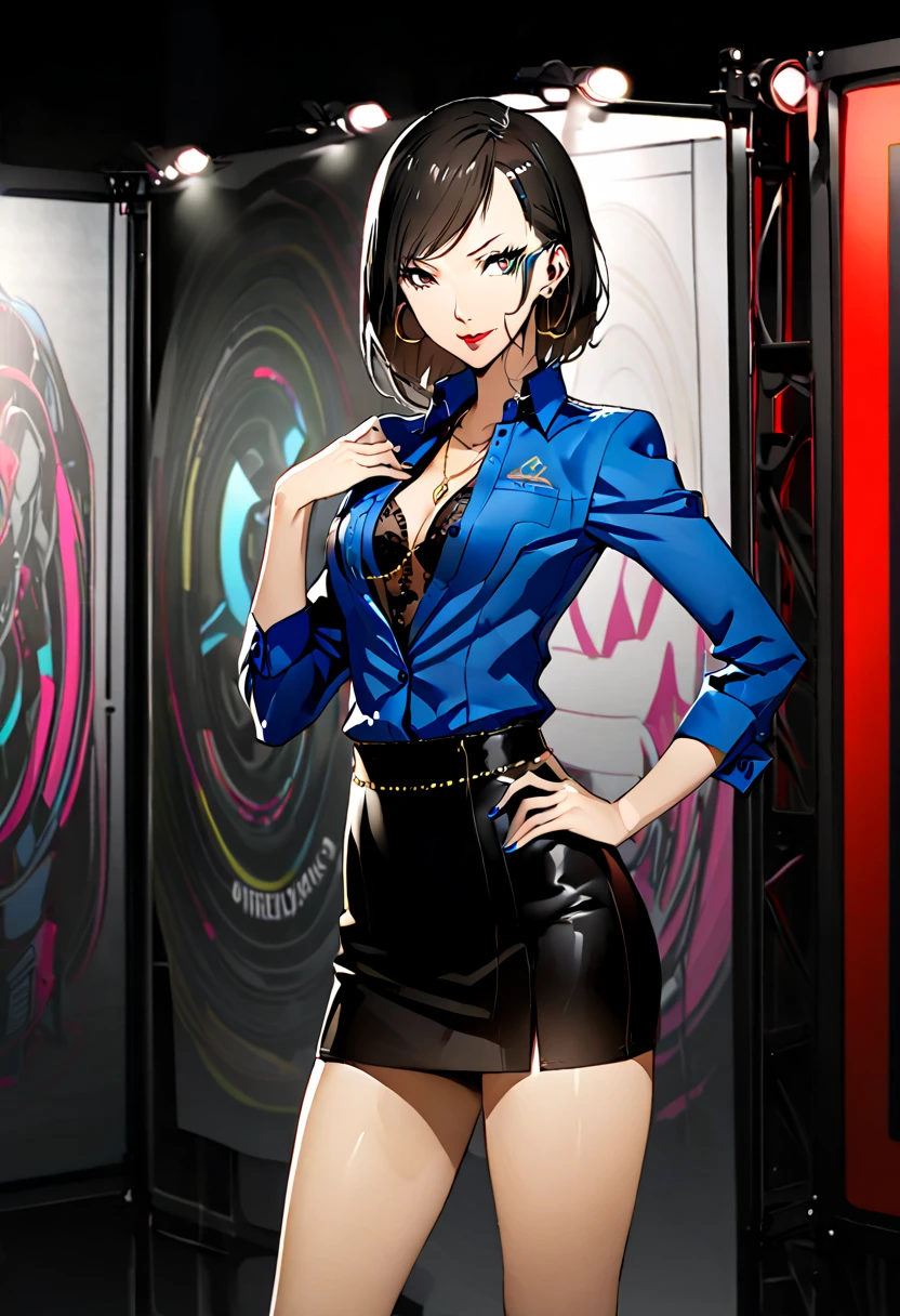 ((masterpiece)),(((Highest quality))),((Character design sheet)),Thin thighs,Long legs,Event Companion:1.5,The best smile:1.5,Full Body Shot:1.5,Blue sky and buildings:0.5,Wearing black thigh-high boots:1.5,NSFW:1.5,Sexy black mini skirt:1.5, Black Bikini Top:1.5