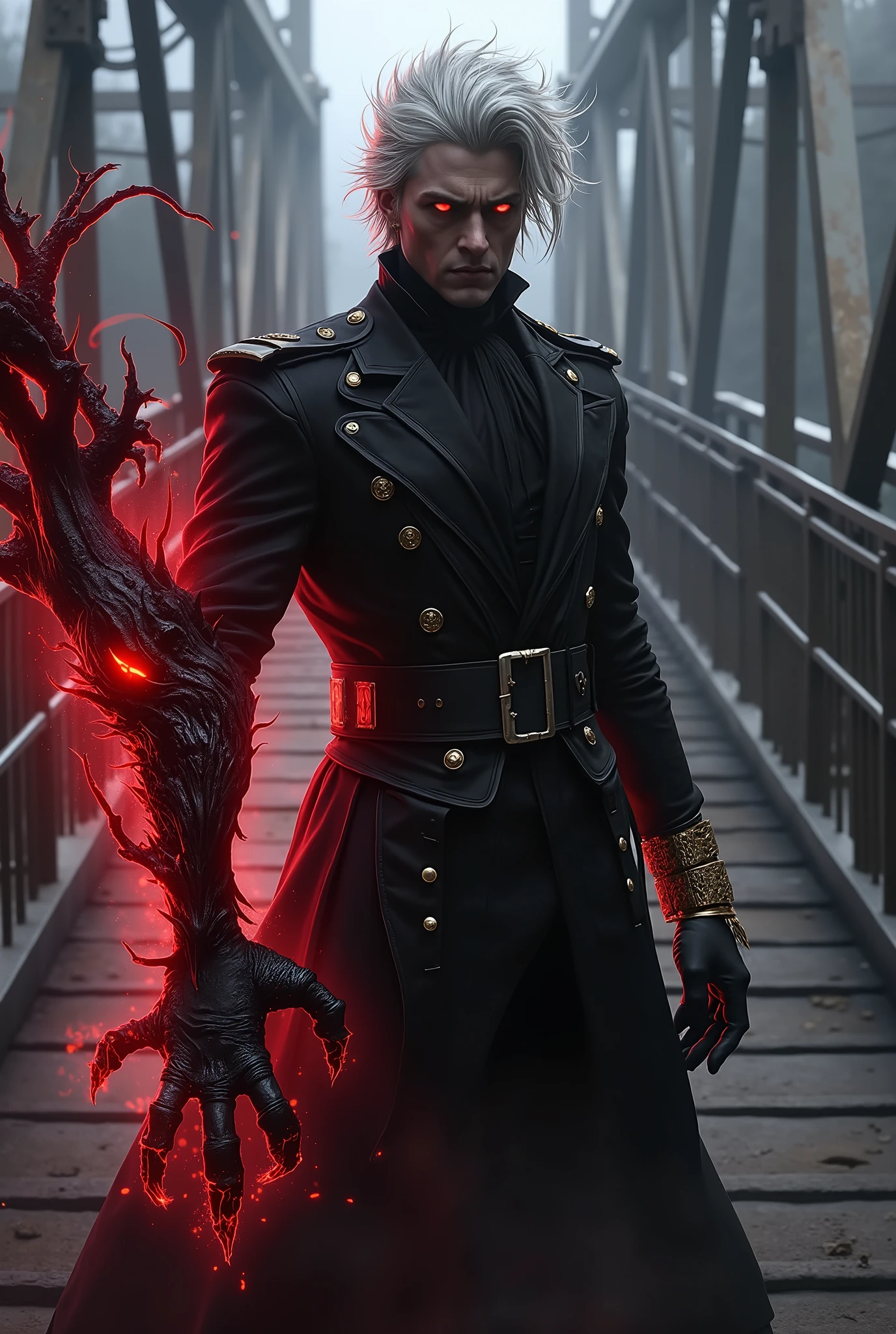 The image depicts a dark and powerful character, accompanied by an entity made of shadows and evil energy emerging from his arm, the eyes of the magical creature emerging from his arm are red.
Hair: White, messy and spiky, contrasting strongly with his dark clothing.
Eyes: Bright red, conveying a sense of danger and uncontrollable power.
Face: Partially covered by a high collar, leaving only the eyes and part of the forehead visible.
Expression: Dark and imposing, reinforcing his threatening character.
Coat: Long and black, with a stylized military design, decorated with shiny gold buttons. The high collar covers part of the face, adding a mysterious air.
Gloves and accessories: A black glove on the right hand and a gold bracelet, suggesting a refined and, at the same time, threatening look.
Skirt or bottom: Long, dark in color, reinforcing the imposingness of the outfit and giving an air of warrior or dark nobility.
Dark Entity:
Form: A being made of darkness and evil energy, emerging from the character's left arm.
Face: Glowing red eyes and a mouth full of sharp teeth, resembling a hungry specter.
Character's left arm: Partially transformed into a monstrous, blood-red form, with a corrupted texture and pulsating veins, suggesting a fusion between the character and the entity.
Dark aura: The creature appears to extend like smoke or dark tentacles, creating a dynamic and chaotic visual effect.
Setting:
Location: A metal walkway or bridge, with railings in the background.
Image interpretation:
The character appears to be a hybrid being, possessed or in symbiosis with an evil entity. His expression, combined with his imposing attire and the creature at his side, suggests that he is a villain or antihero in a dark and dangerous world. The mix of horror, fantasy and military elements creates an impactful and mysterious design.