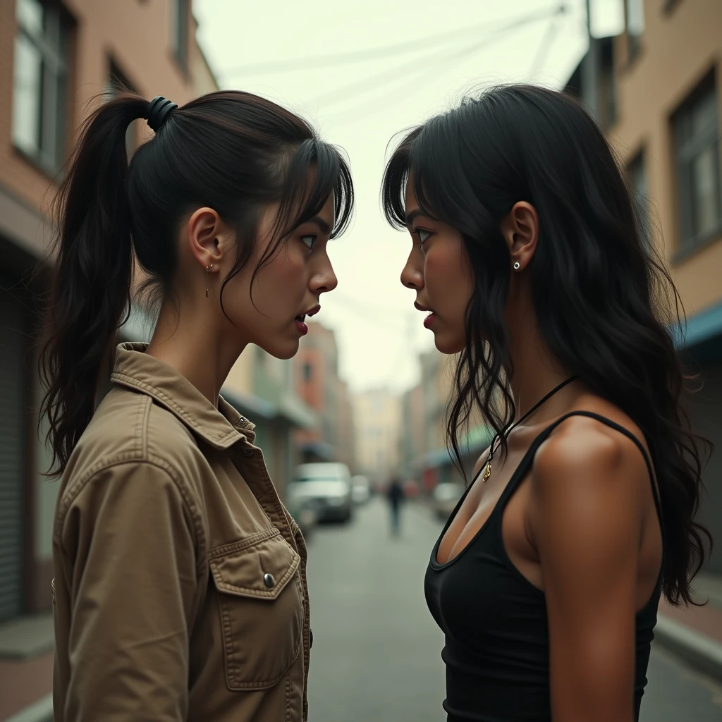 Photo of a intense confrontation between two young women, (20-year-old) European girl and (15-year-old) European girl, raw, Beautiful women, ((Portraits)) of both girls, ((Detailed faces:1.2)), ((detailed facial features)), (finely detailed skin) on both girls, contrasting skin tones, ((Detailed expressions reflecting anger and determination)), their eyes locked in a battle of wills, (tense body language), (fighting stances), standing in an alleyway, (grimy urban environment), (dramatic lighting), (moody atmosphere), (sharp focus), capturing every intricate detail of their struggle. Photographed with a Canon EOS R5, 50mm Lens, F/2.