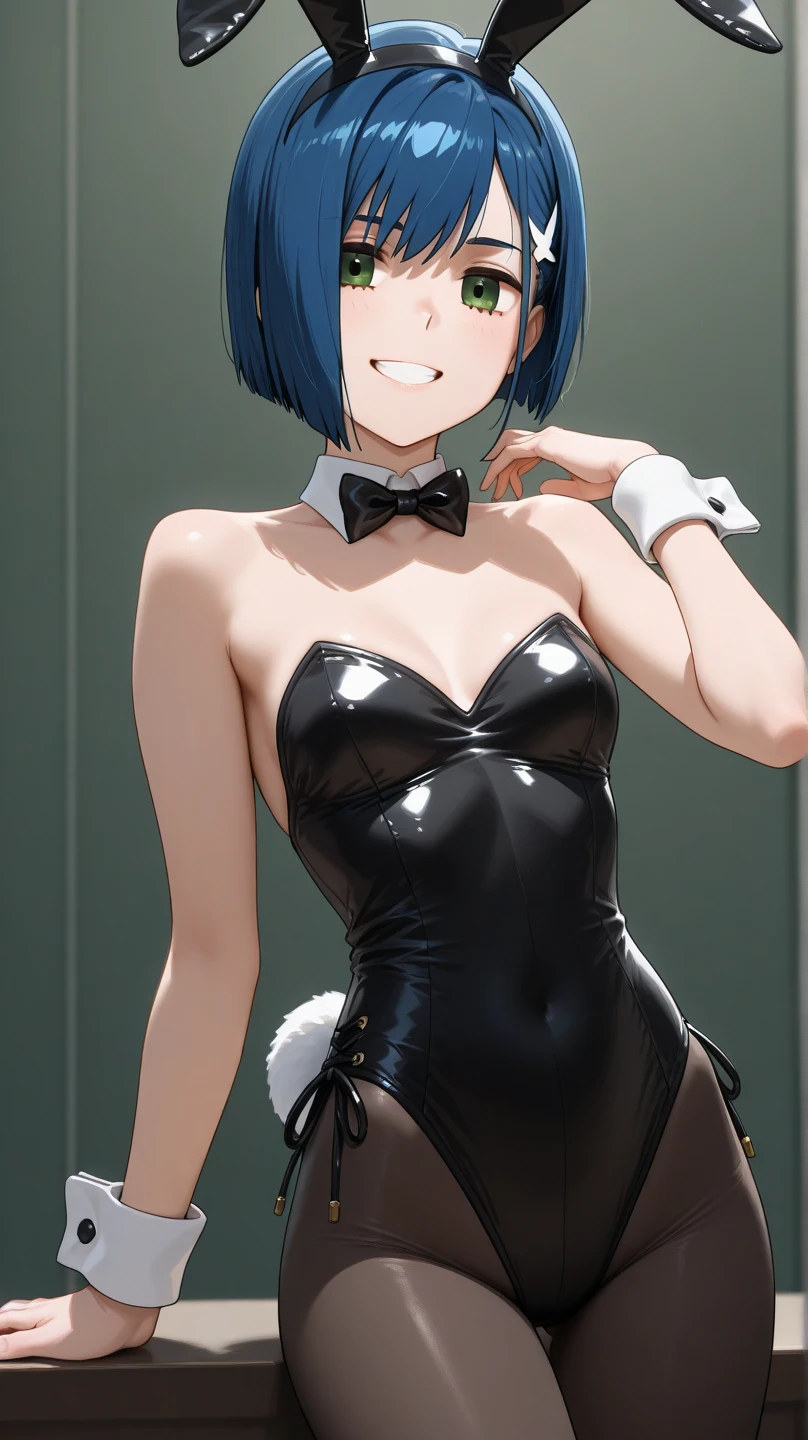 1girl, (lisanna strauss)++, absurdres, animal ears, black leotard, black pantyhose, bow, bowtie, breasts, cowboy shot, detached collar, smile, grey background, open mouth, highres, leotard, big breasts, pantyhose, playboy bunny, blue eyes, rabbit ears, simple background, solo, standing, strapless, strapless leotard, wrist cuffs, white hair, short hair