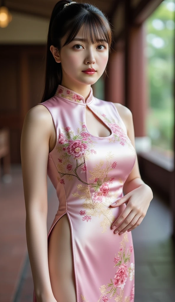 ((32k,super highest quality,Ultra-high resolution,masterpiece,Realistic,Realistic,Very detailed,)),A young, adorable, beautiful and cute 16-year-old〜20 year old girl,((Seamless Ultra-thin All-through Pantyhose,Ultra-thin seamless pantyhose, sexy, all-through, beautiful legs, tights, stockings, sheer, pantyhose, ladies)),Full body photo,Full body angle,Esbian all over,Baby Face,single eyelid,Long legs,Thin legs,Thin thighs,Beautiful hands and feet,chest,Cute smile,Adorable smile,nice smile,Rose garden in the background,Long Straight Hair,Iris,Black Hair,A cute and beautiful Japanese girl who still retains her youthful charm,With a young body,Slim waist,((Modern Chinese traditional short cheongsam for women,Sexy Chinese Dress,Super mini Chinese dress,Chinese Dress Sexy ta Dress)),((Panties exposed)),((Full body see-through))